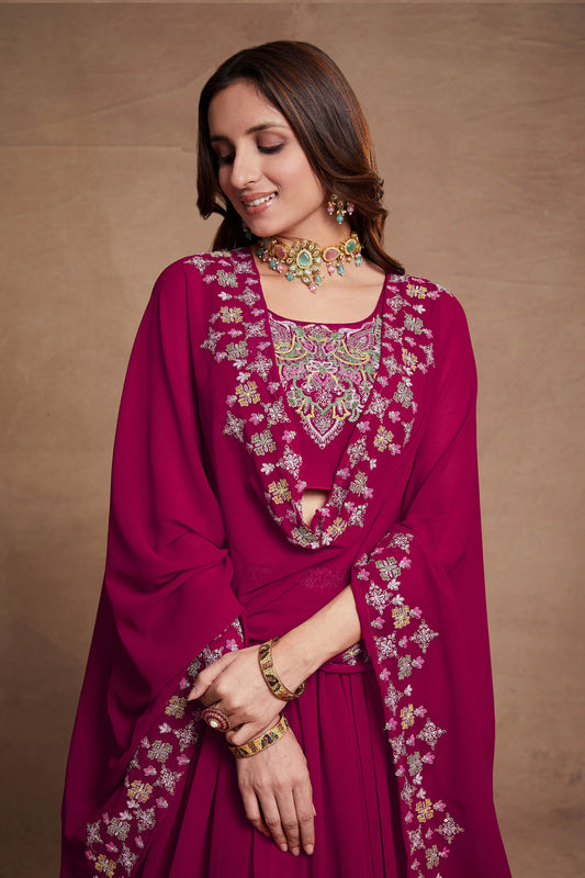 Pink Georgette Thread Embroidery Lehenga
