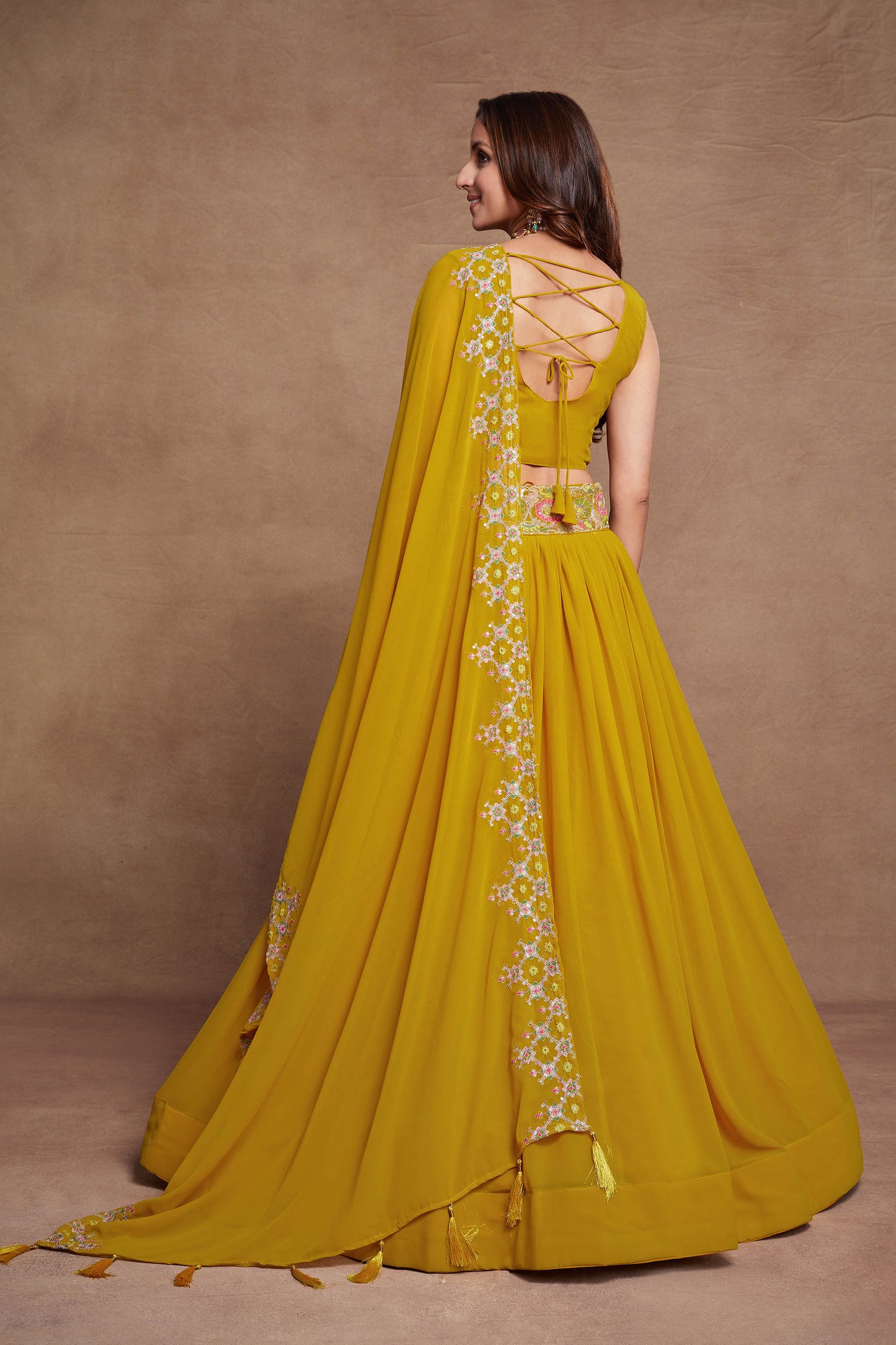 Mustard Yellow Georgette Thread Embroidery Lehenga