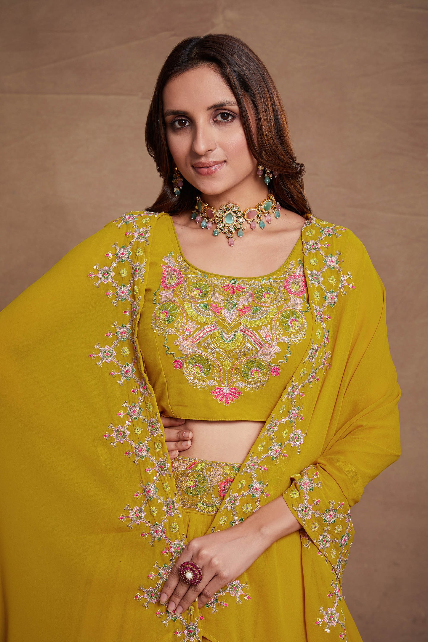 Mustard Yellow Georgette Thread Embroidery Lehenga