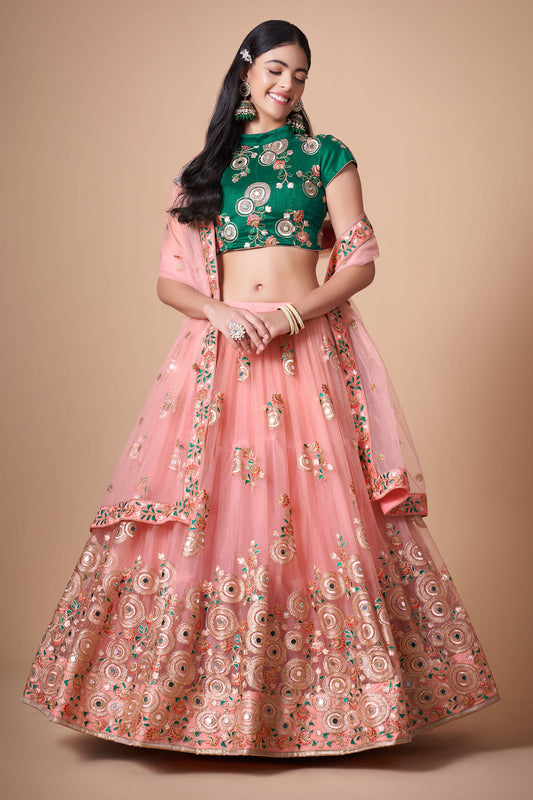 Peach Soft Net Zari & Dori Embroidered Sangeet Lehenga Choli for Bridesmaid