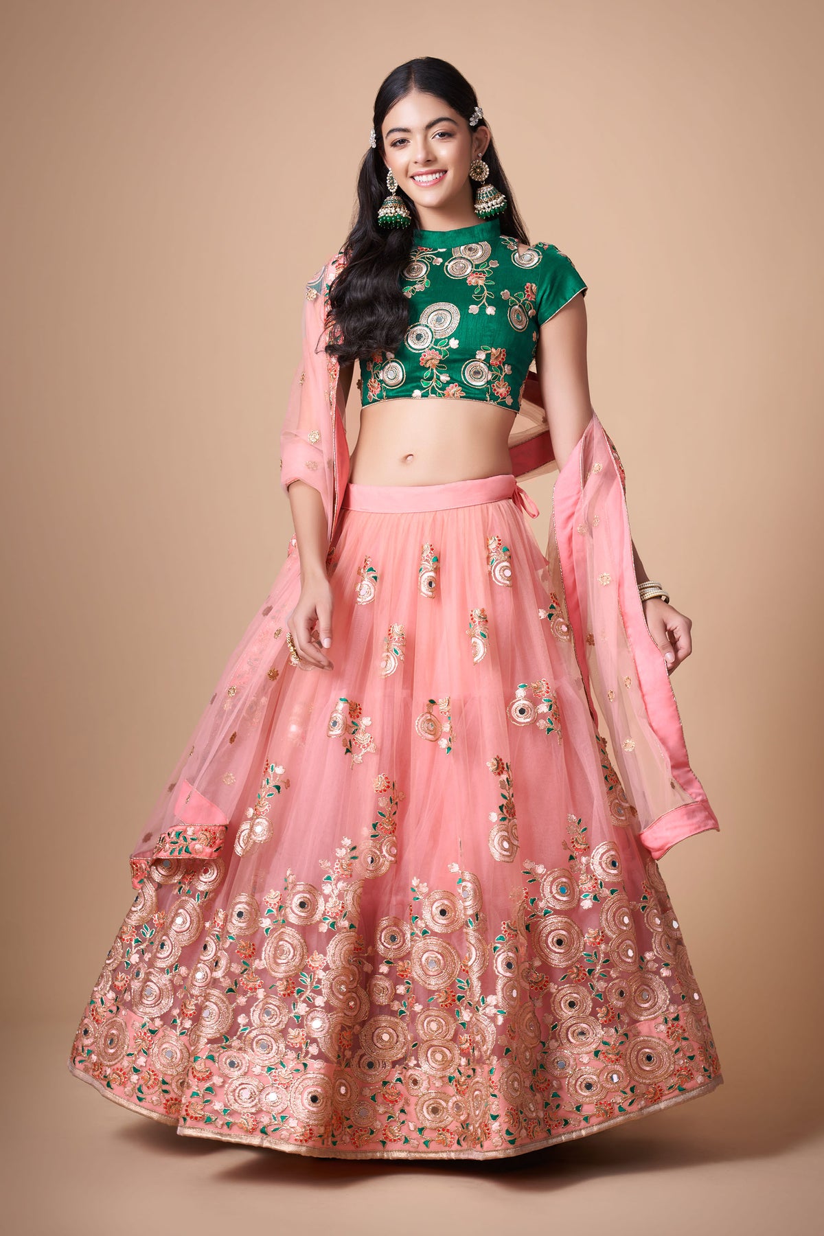Peach Soft Net Zari & Dori Embroidered Sangeet Lehenga Choli for Bridesmaid