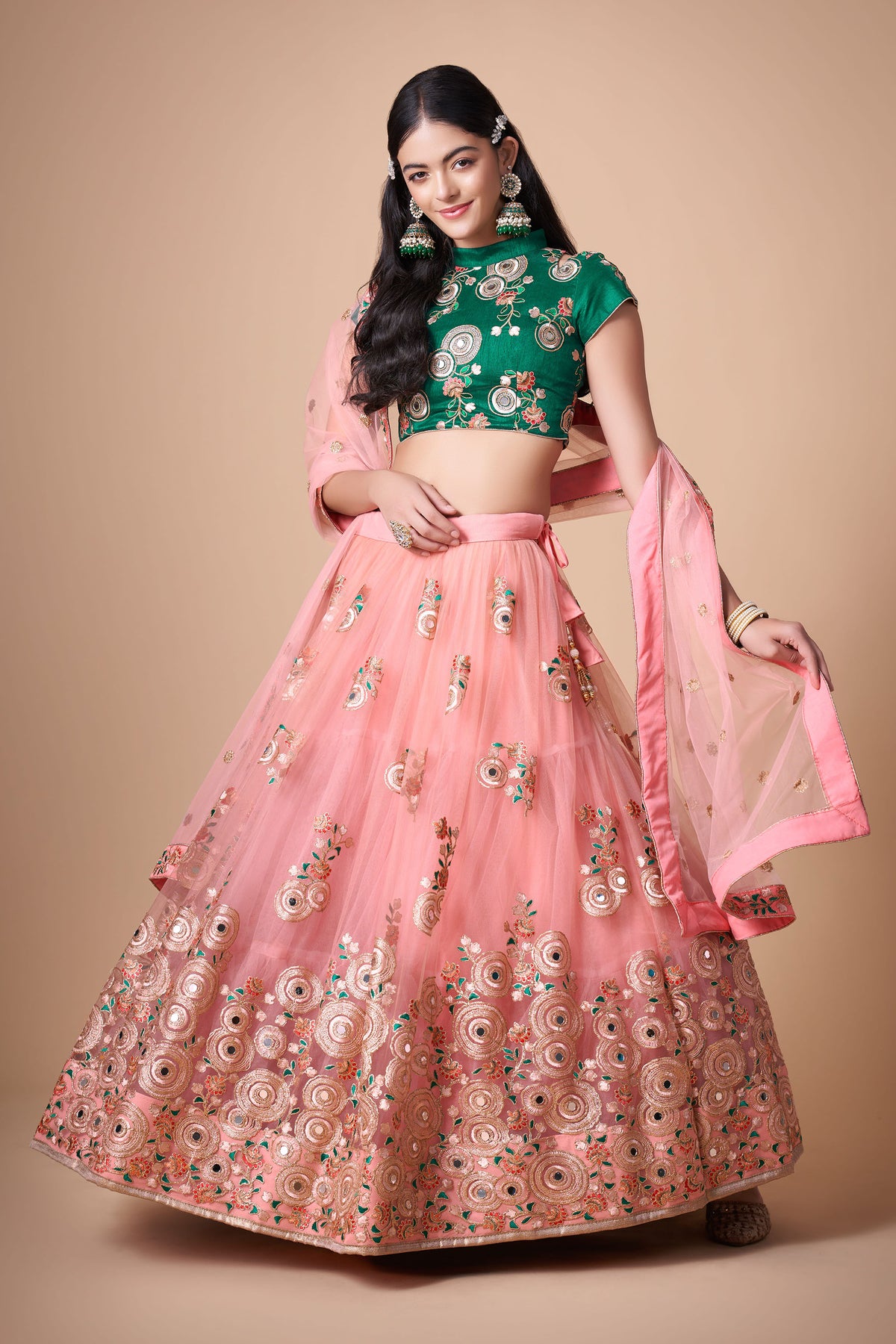 Peach Soft Net Zari & Dori Embroidered Sangeet Lehenga Choli for Bridesmaid