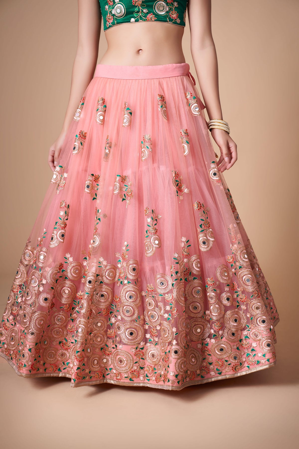 Peach Soft Net Zari & Dori Embroidered Sangeet Lehenga Choli for Bridesmaid