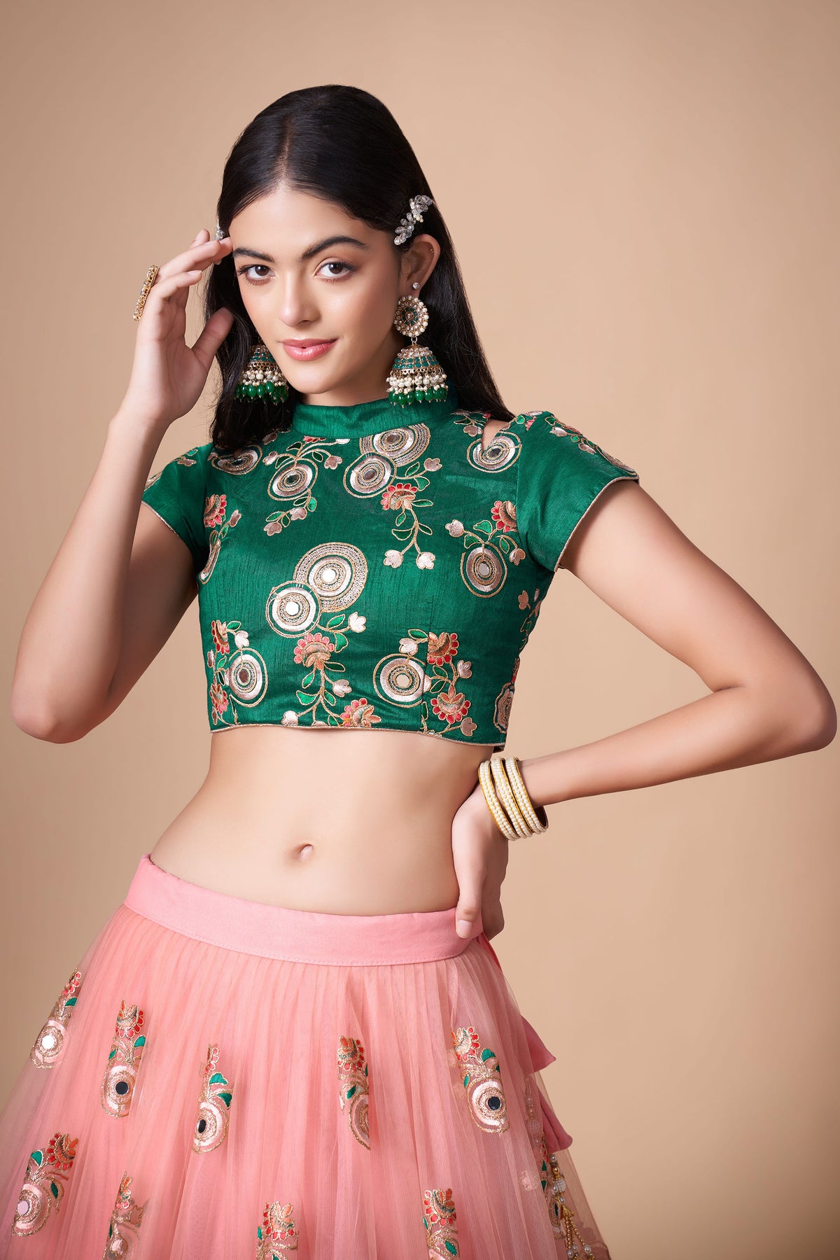 Peach Soft Net Zari & Dori Embroidered Sangeet Lehenga Choli for Bridesmaid