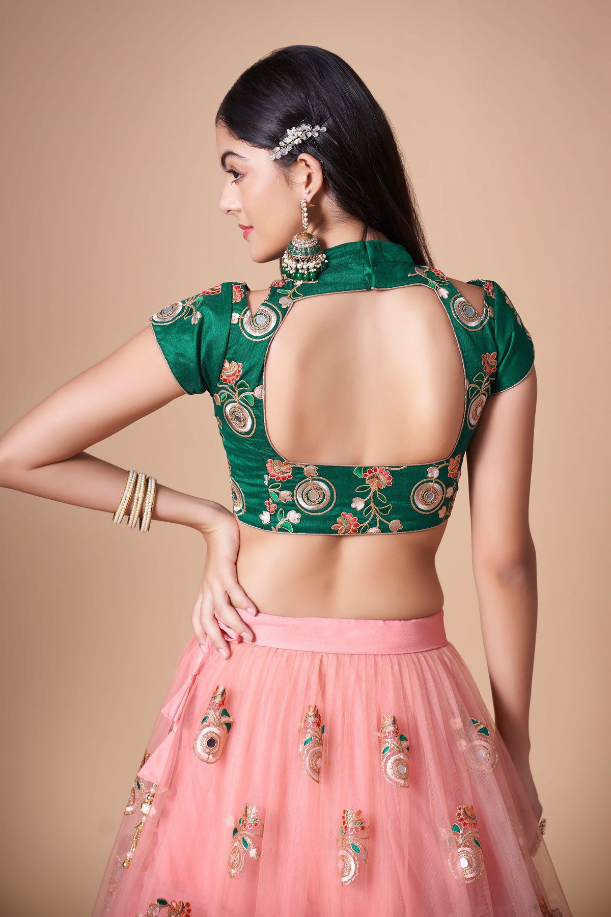 Peach Soft Net Zari & Dori Embroidered Sangeet Lehenga Choli for Bridesmaid
