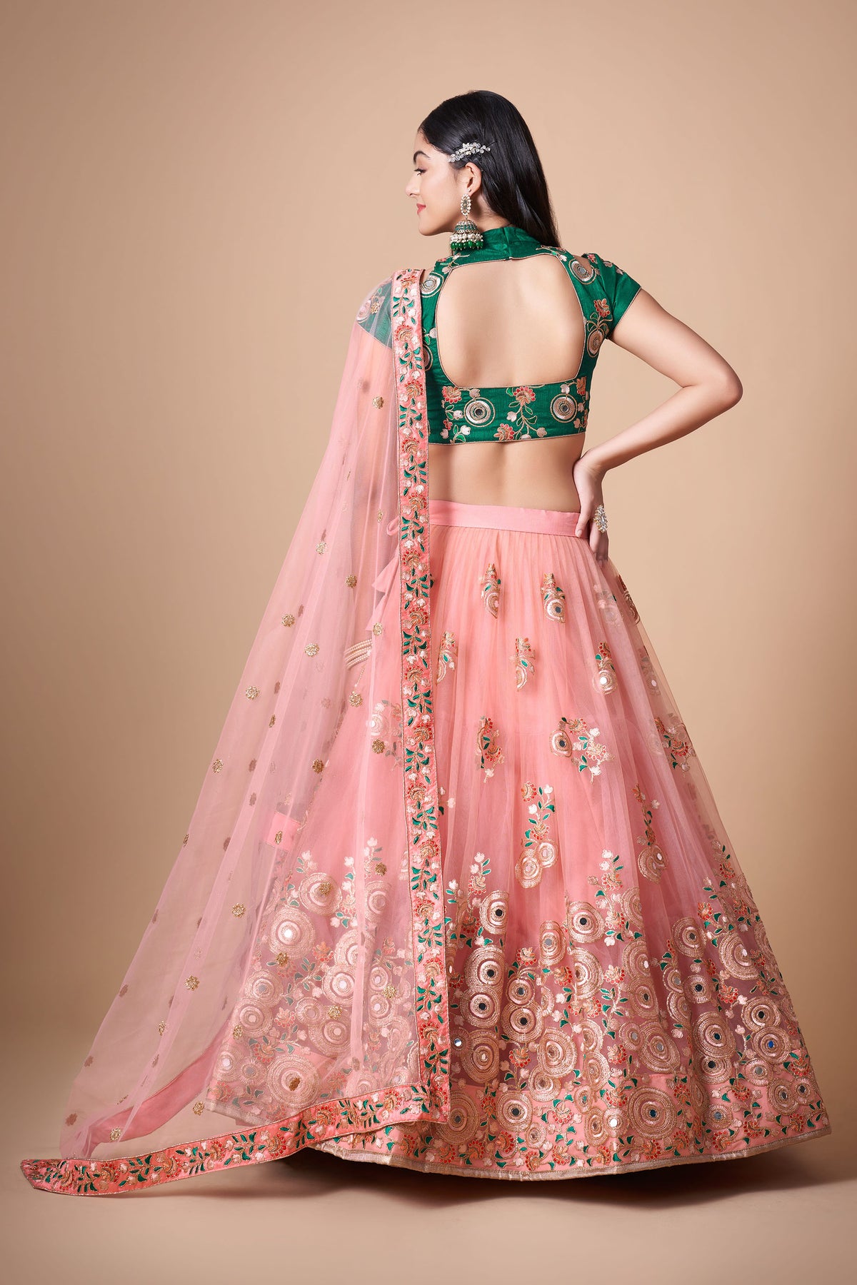 Peach Soft Net Zari & Dori Embroidered Sangeet Lehenga Choli for Bridesmaid