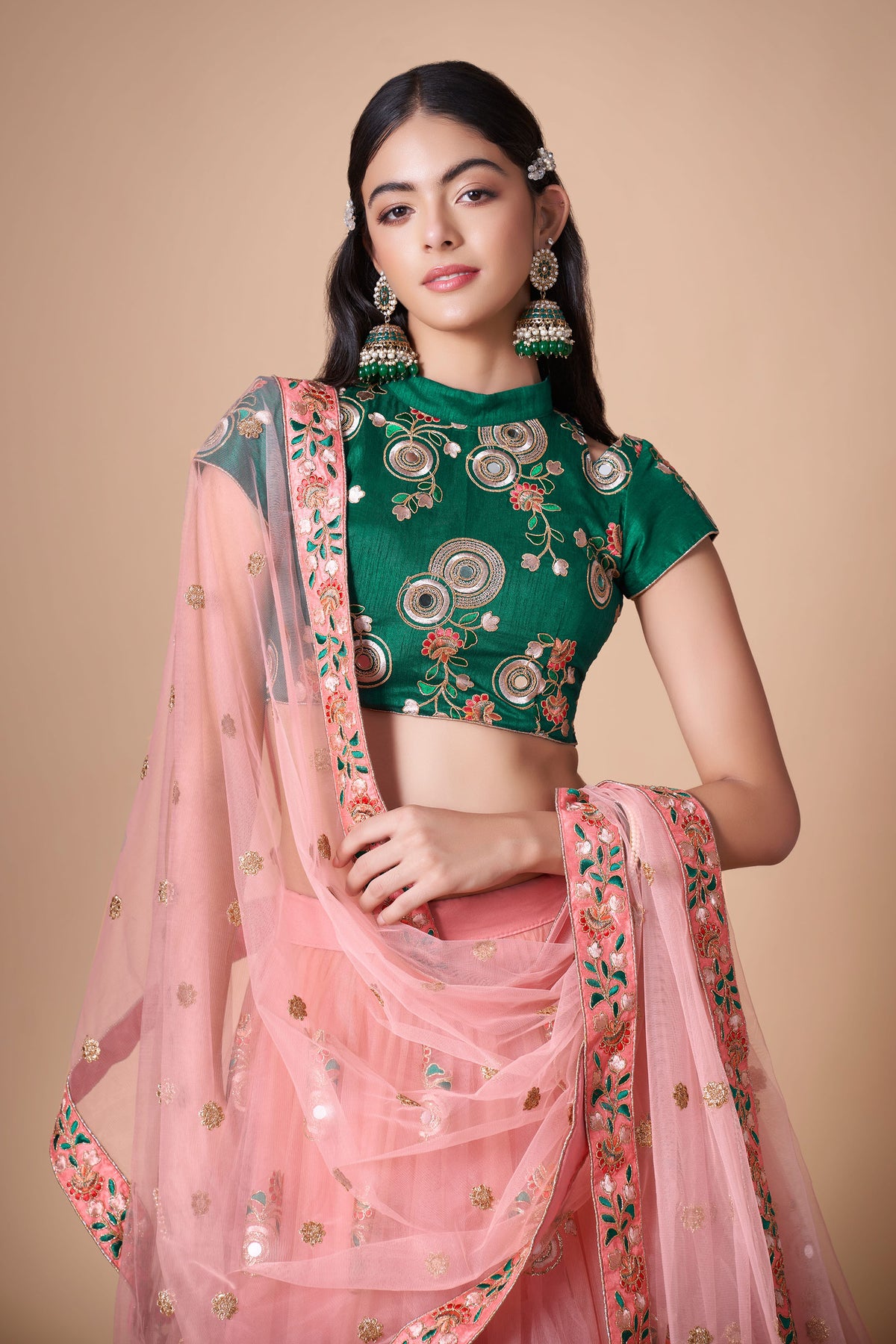 Peach Soft Net Zari & Dori Embroidered Sangeet Lehenga Choli for Bridesmaid