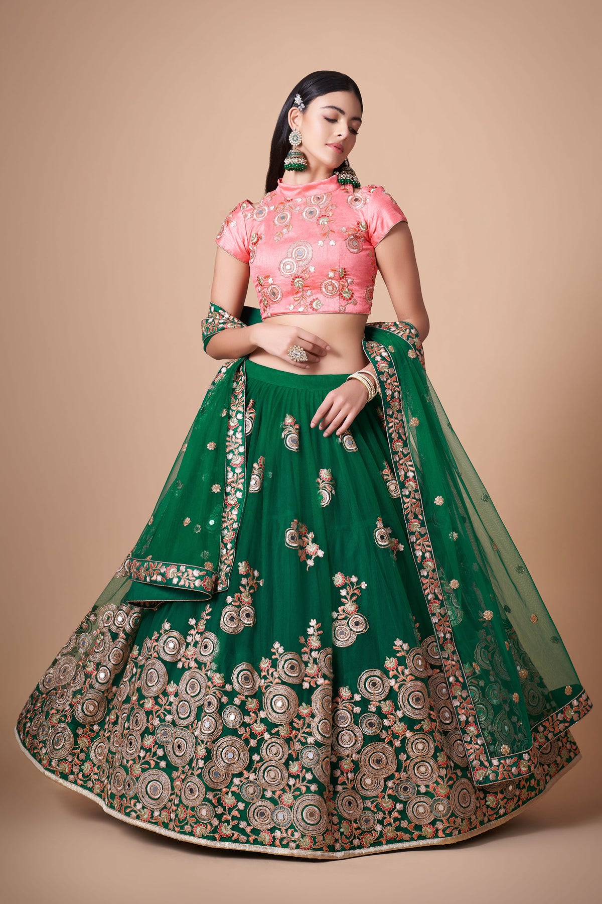 Green Soft Net Zari & Dori Embroidered Mehendi Lehenga Choli
