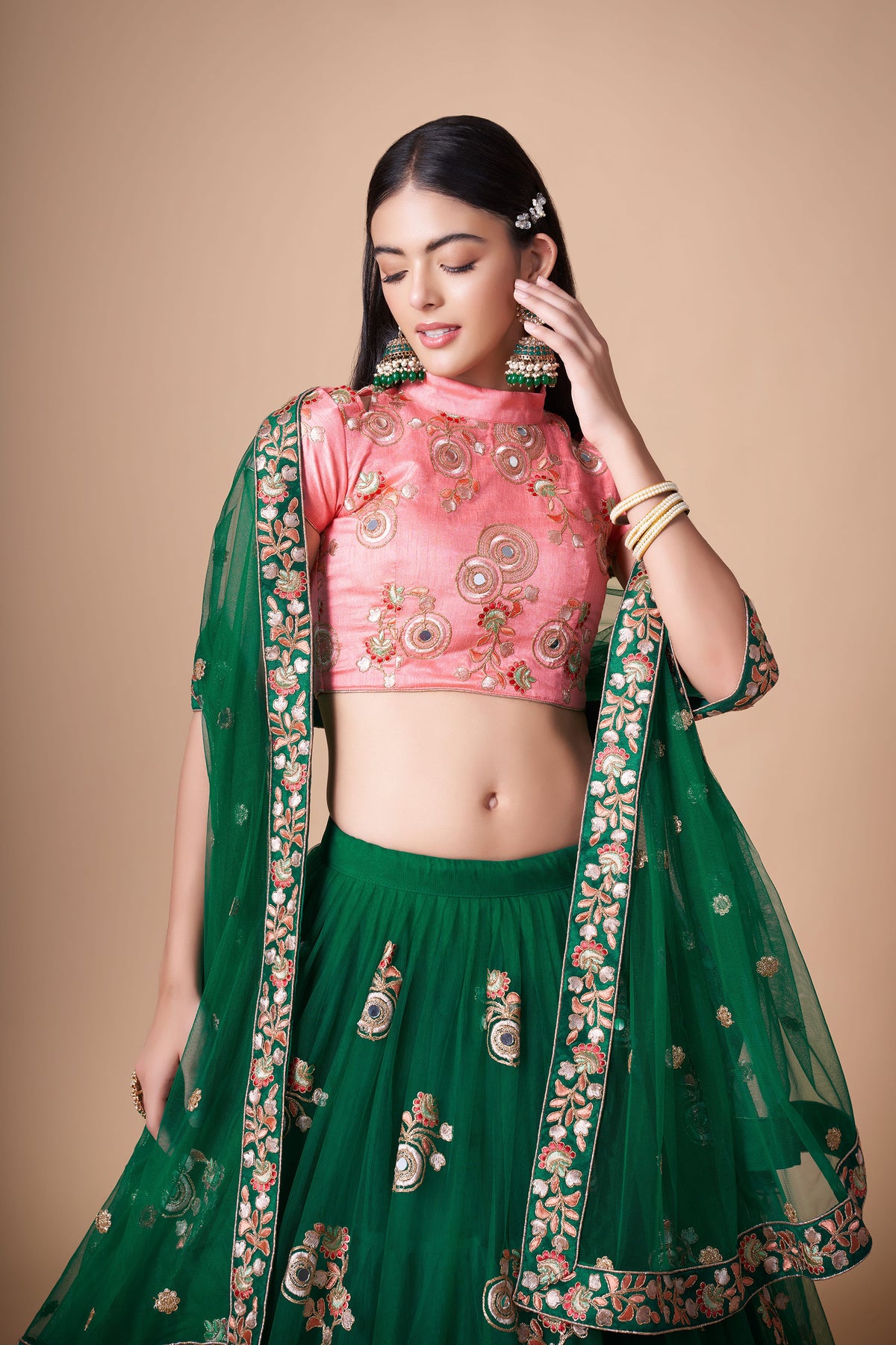 Green Soft Net Zari & Dori Embroidered Mehendi Lehenga Choli