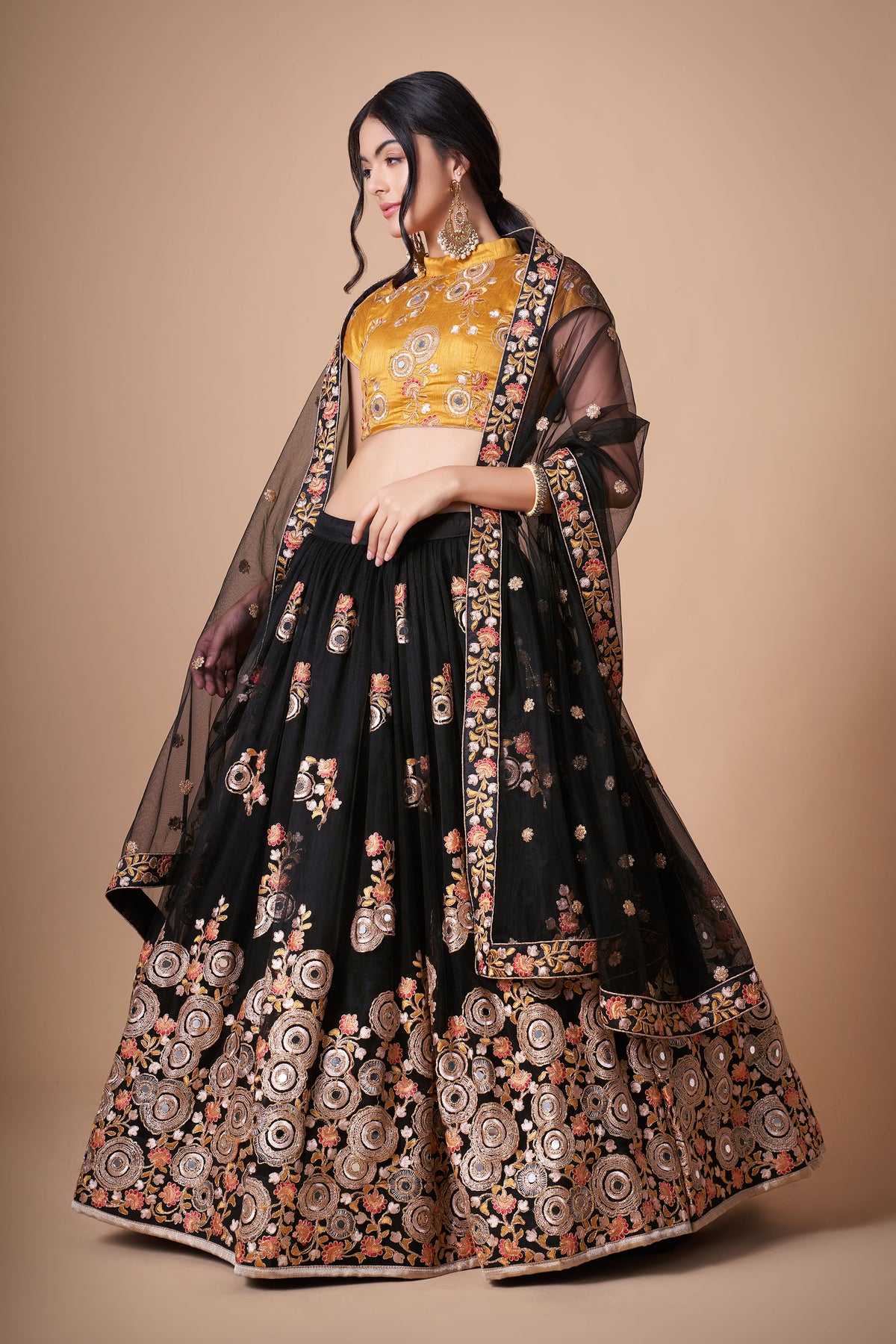 Black & Yellow Soft Net Zari & Dori Embroidered Festive Lehenga Choli