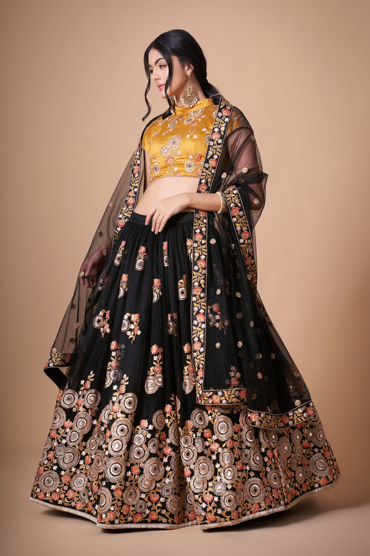 Black & Yellow Soft Net Zari & Dori Embroidered Festive Lehenga Choli