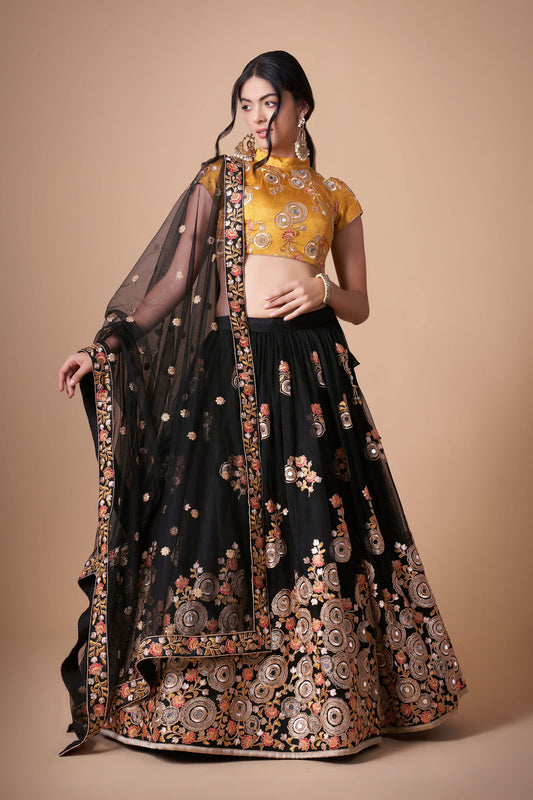 Black & Yellow Soft Net Zari & Dori Embroidered Festive Lehenga Choli