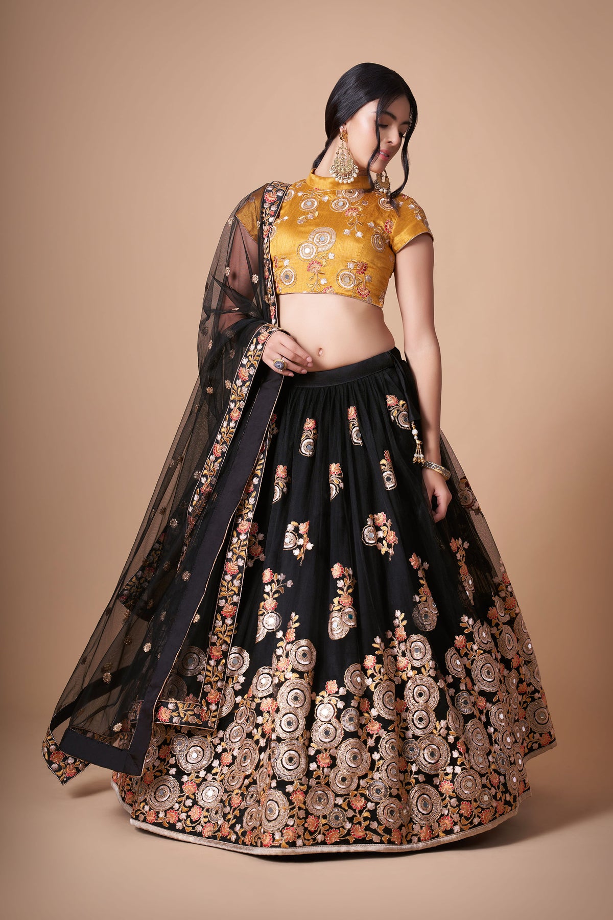 Black & Yellow Soft Net Zari & Dori Embroidered Festive Lehenga Choli