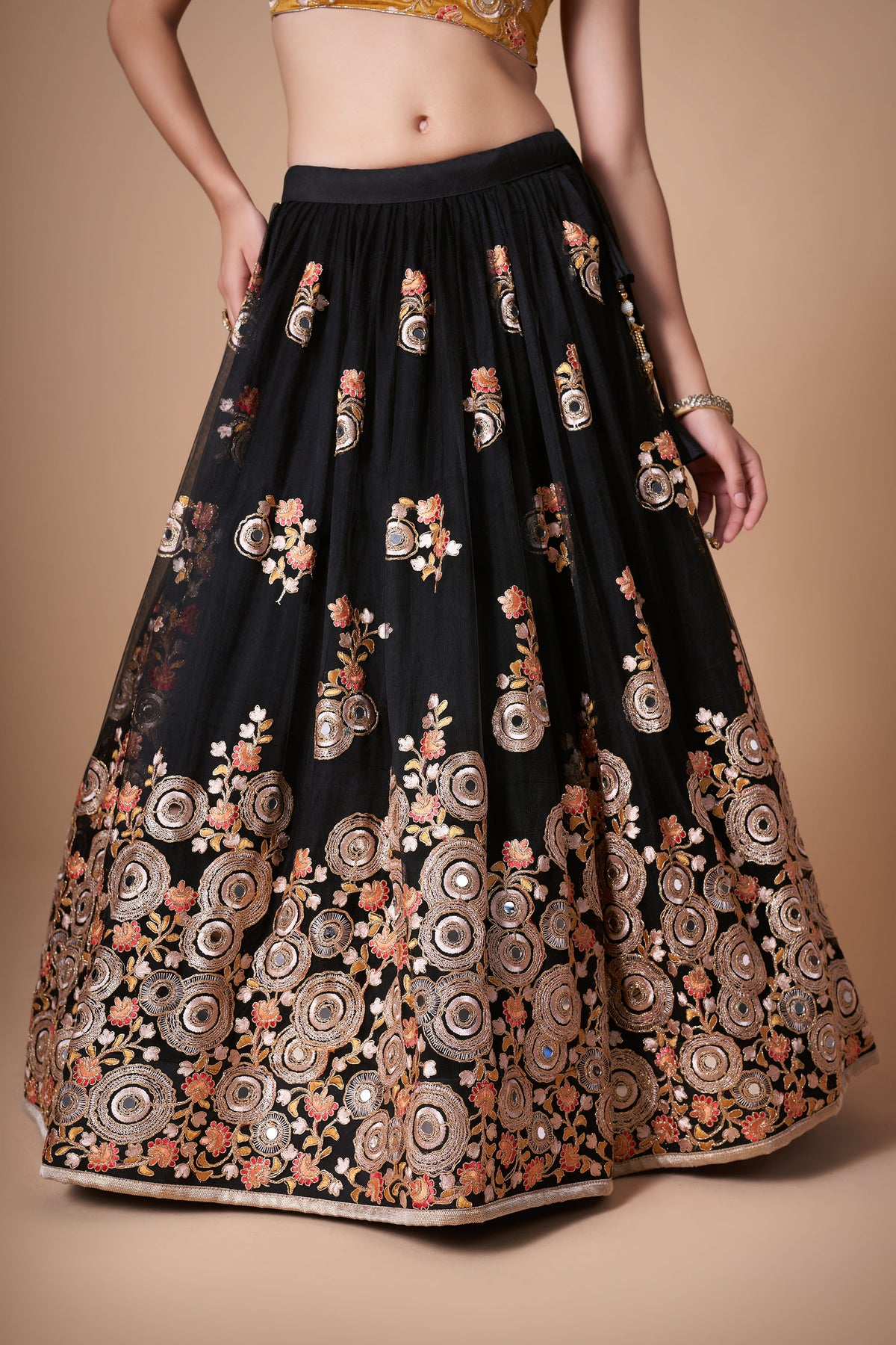 Black & Yellow Soft Net Zari & Dori Embroidered Festive Lehenga Choli