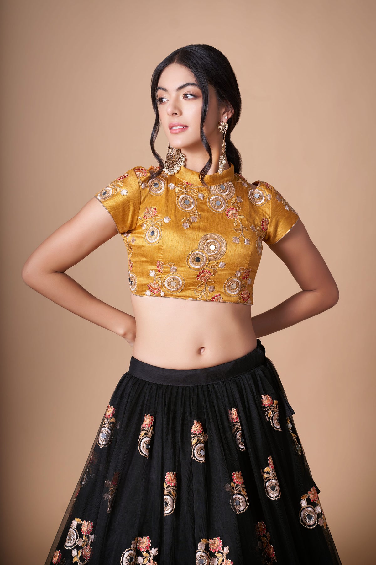 Black & Yellow Soft Net Zari & Dori Embroidered Festive Lehenga Choli