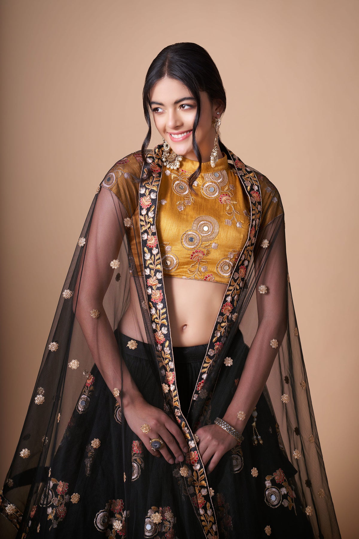 Black & Yellow Soft Net Zari & Dori Embroidered Festive Lehenga Choli