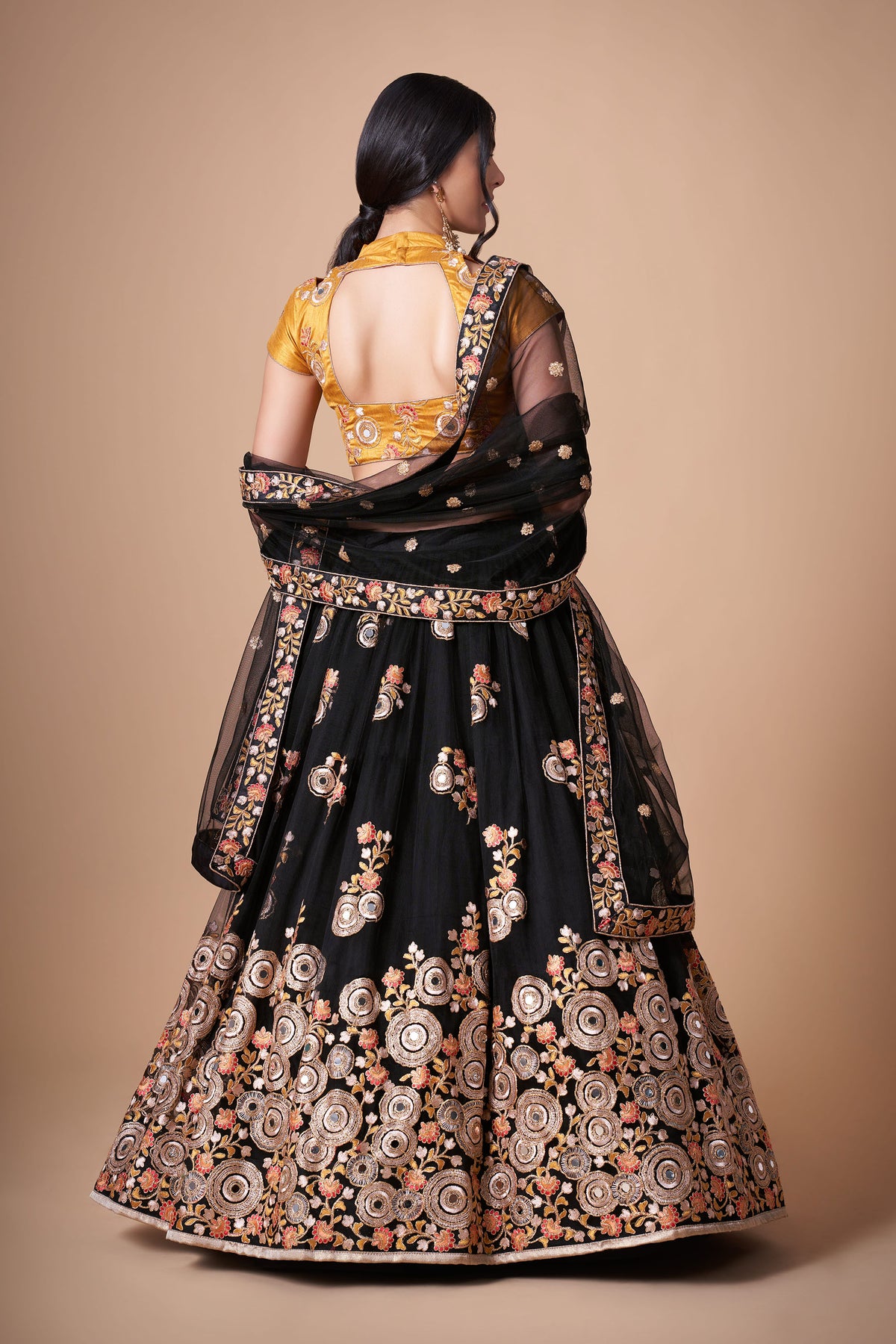 Black & Yellow Soft Net Zari & Dori Embroidered Festive Lehenga Choli