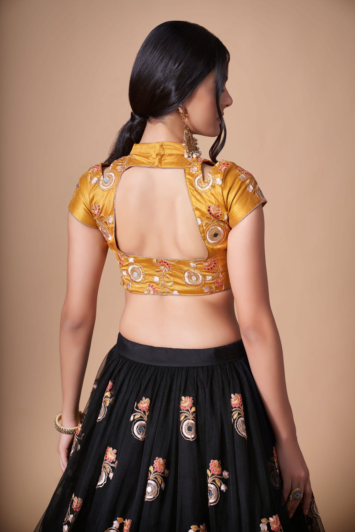 Black & Yellow Soft Net Zari & Dori Embroidered Festive Lehenga Choli