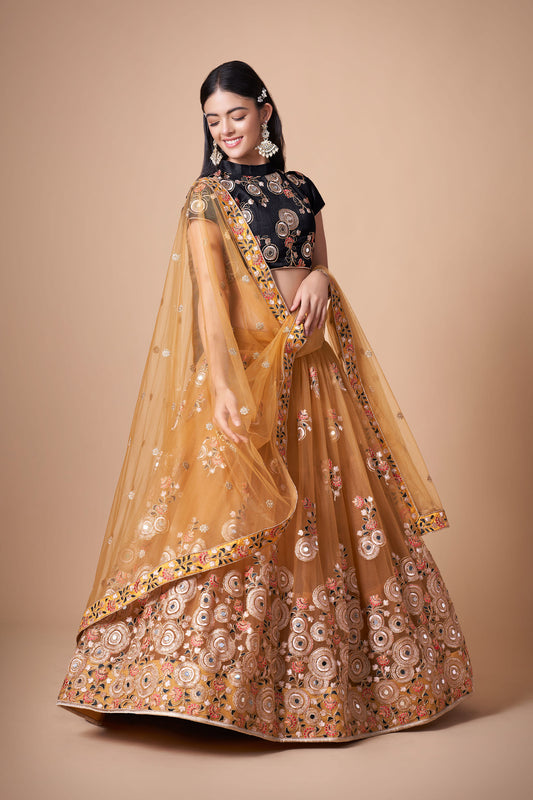 Yellow & Black Soft Net Zari & Dori Embroidered Haldi Lehenga Choli