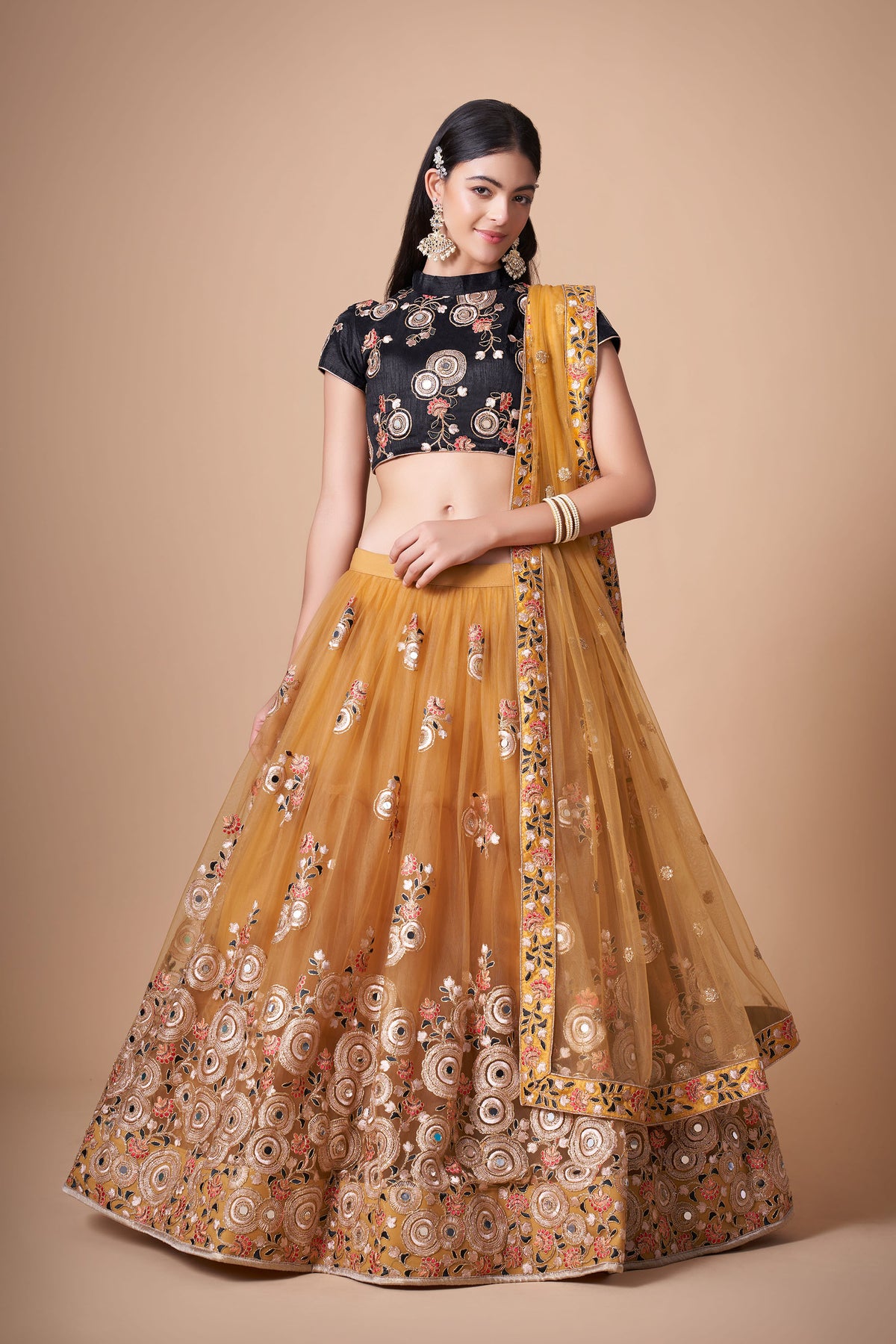Yellow & Black Soft Net Zari & Dori Embroidered Haldi Lehenga Choli
