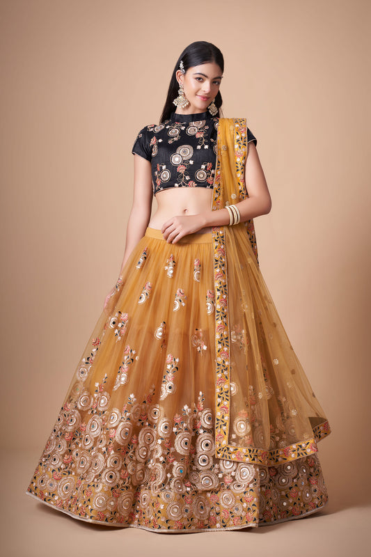 Yellow & Black Soft Net Zari & Dori Embroidered Haldi Lehenga Choli