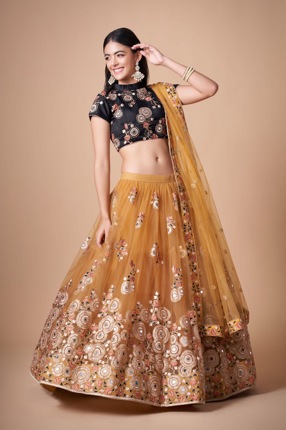 Yellow & Black Soft Net Zari & Dori Embroidered Haldi Lehenga Choli