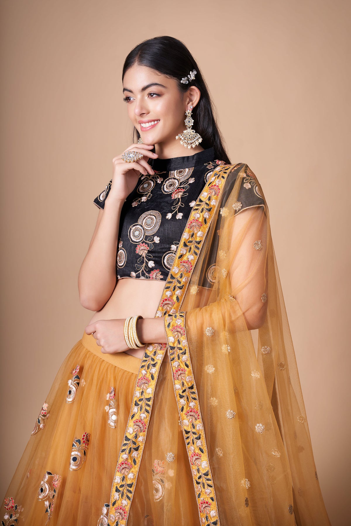 Yellow & Black Soft Net Zari & Dori Embroidered Haldi Lehenga Choli