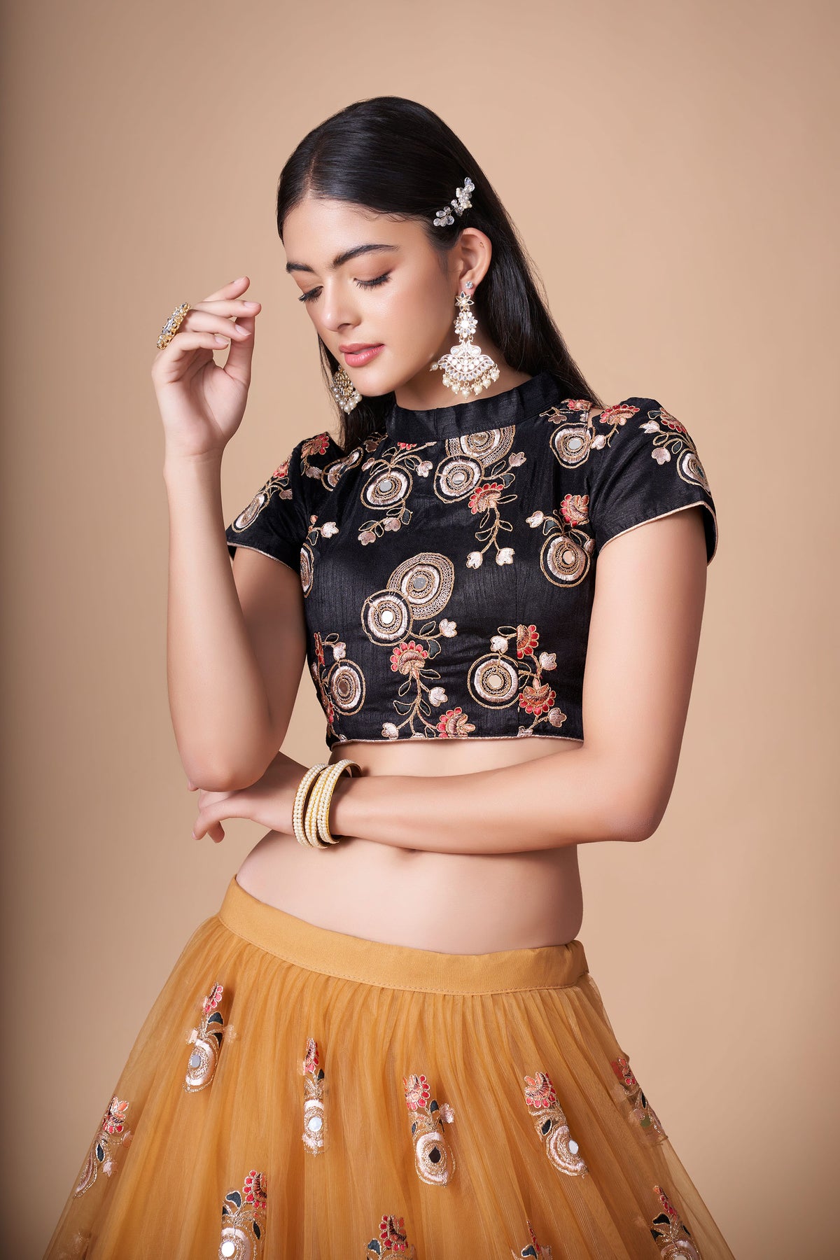Yellow & Black Soft Net Zari & Dori Embroidered Haldi Lehenga Choli