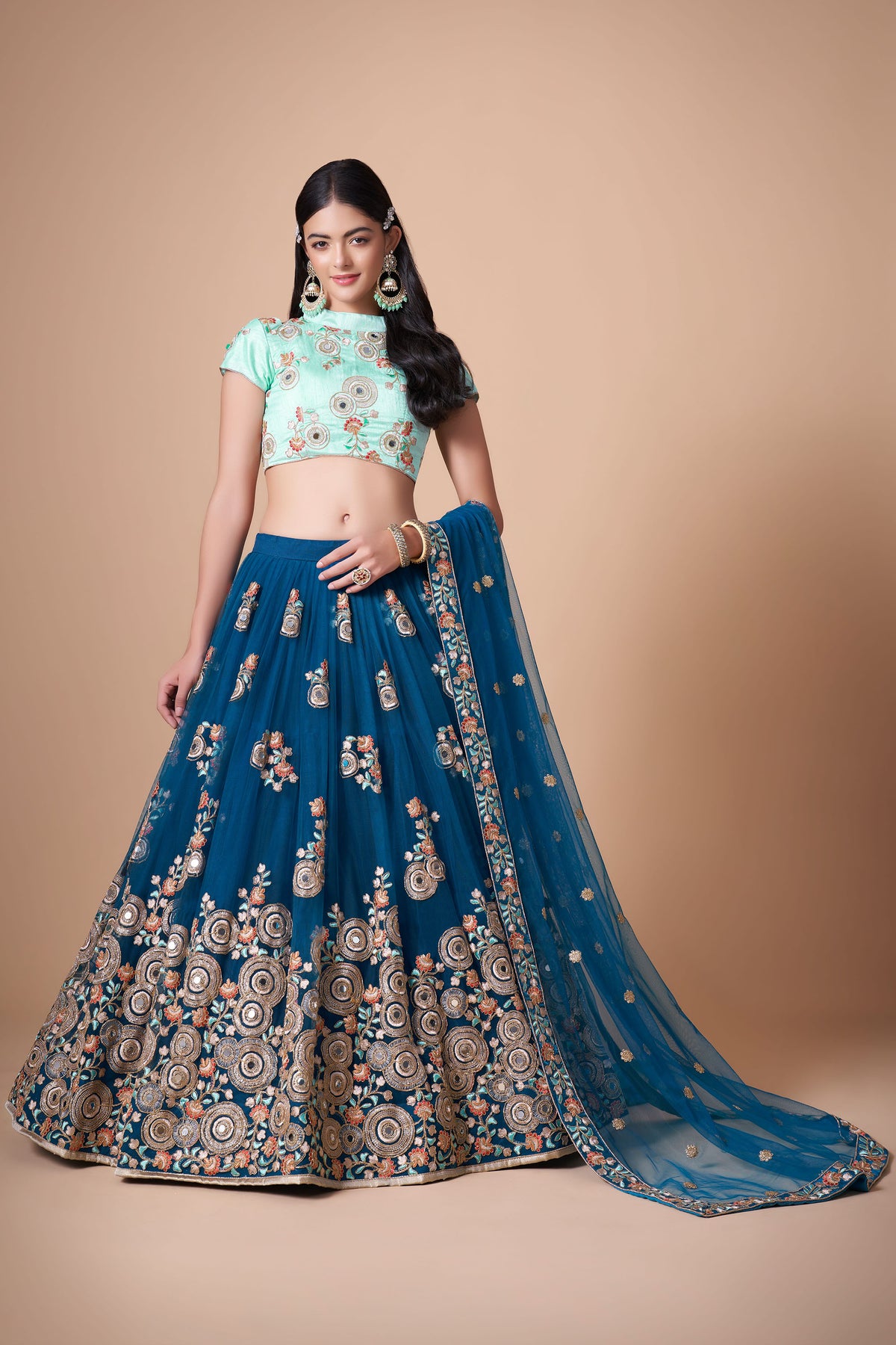 Dove Blue Soft Net Zari & Dori Embroidered Wedding Guest Lehenga Choli