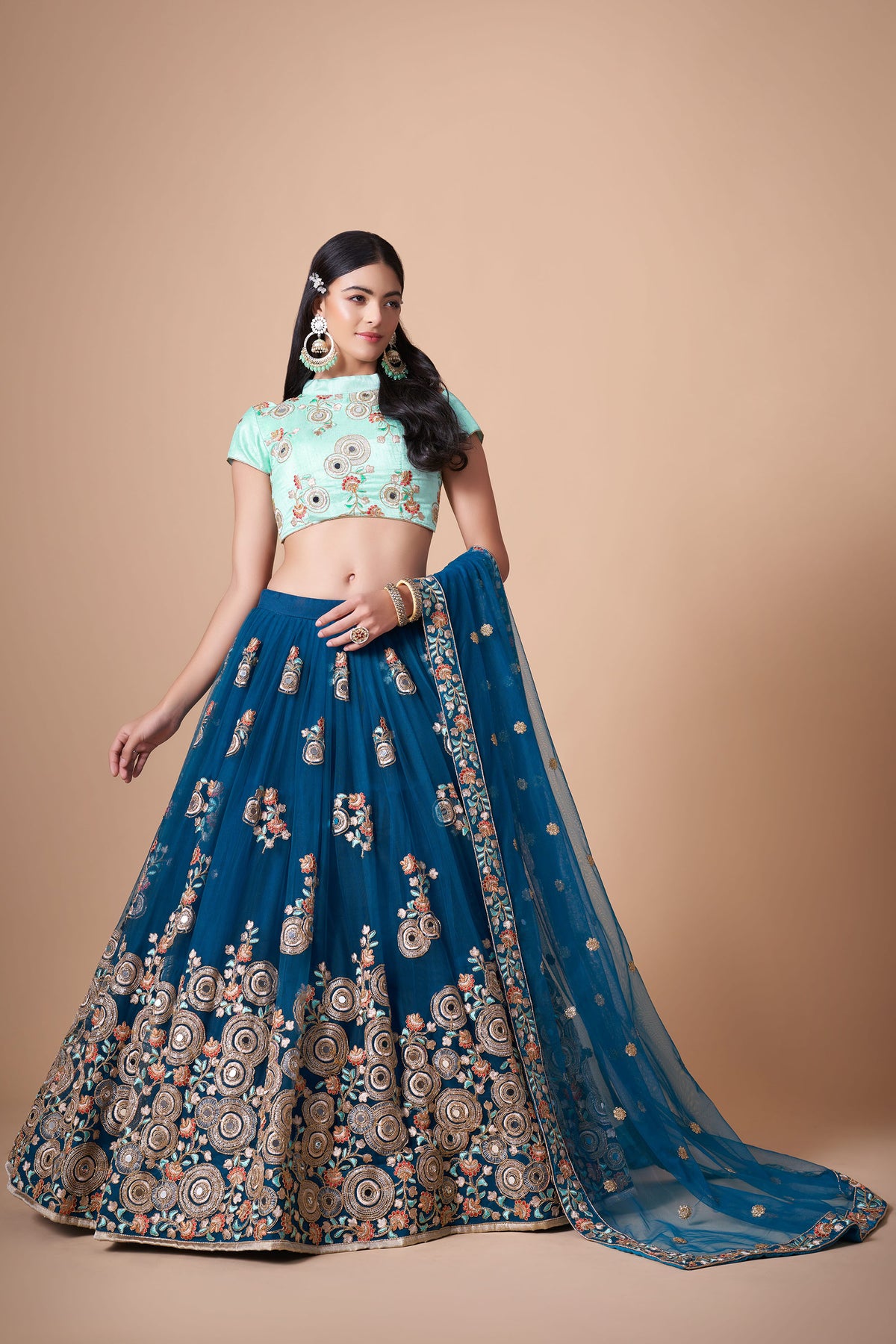 Dove Blue Soft Net Zari & Dori Embroidered Wedding Guest Lehenga Choli