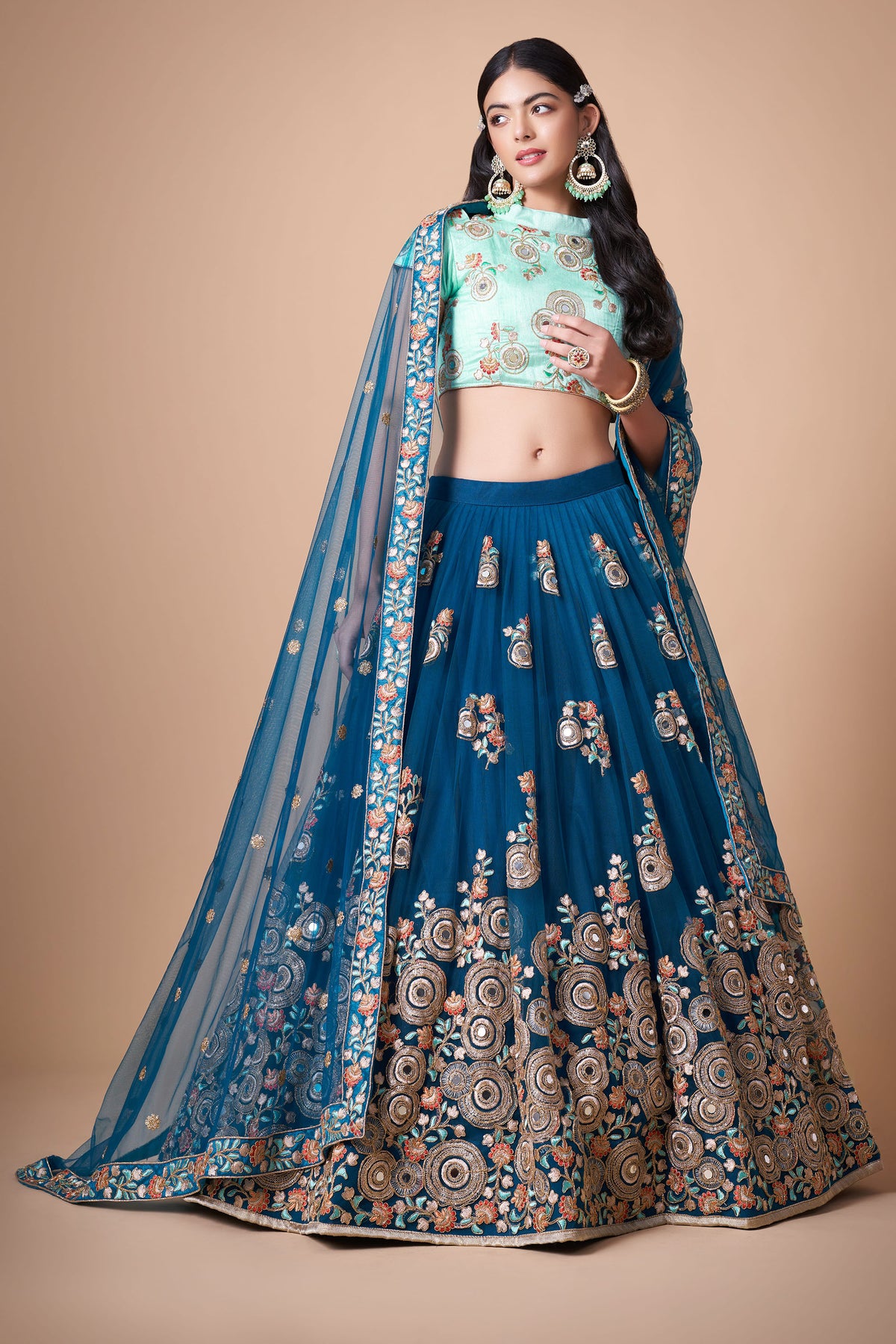 Dove Blue Soft Net Zari & Dori Embroidered Wedding Guest Lehenga Choli