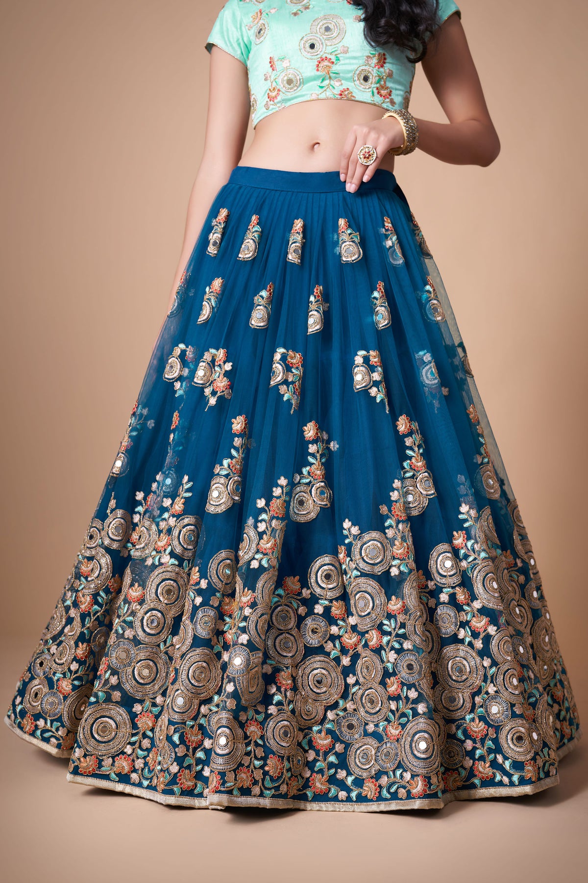 Dove Blue Soft Net Zari & Dori Embroidered Wedding Guest Lehenga Choli