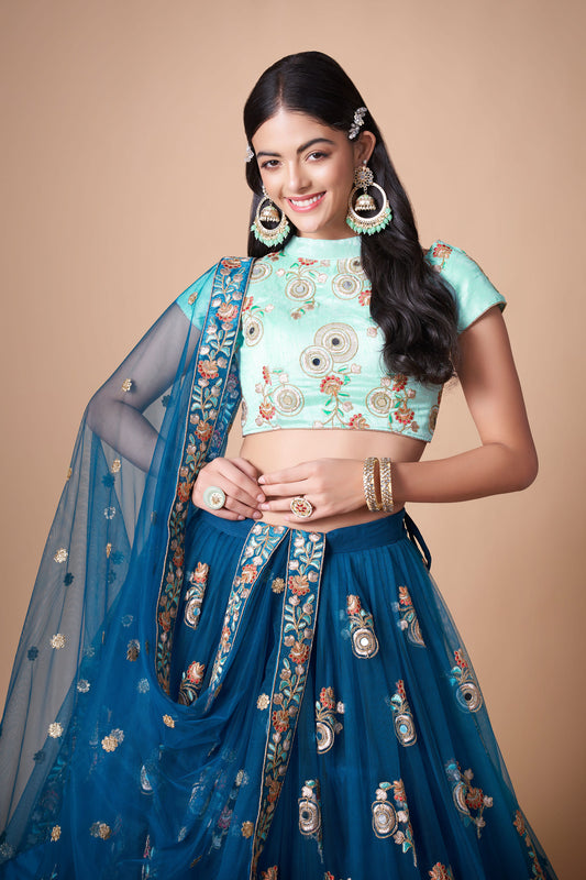 Dove Blue Soft Net Zari & Dori Embroidered Wedding Guest Lehenga Choli