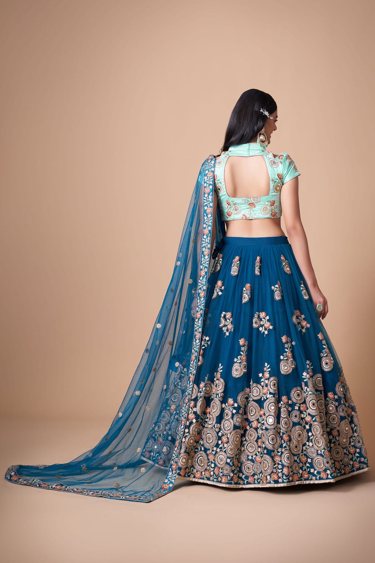 Dove Blue Soft Net Zari & Dori Embroidered Wedding Guest Lehenga Choli