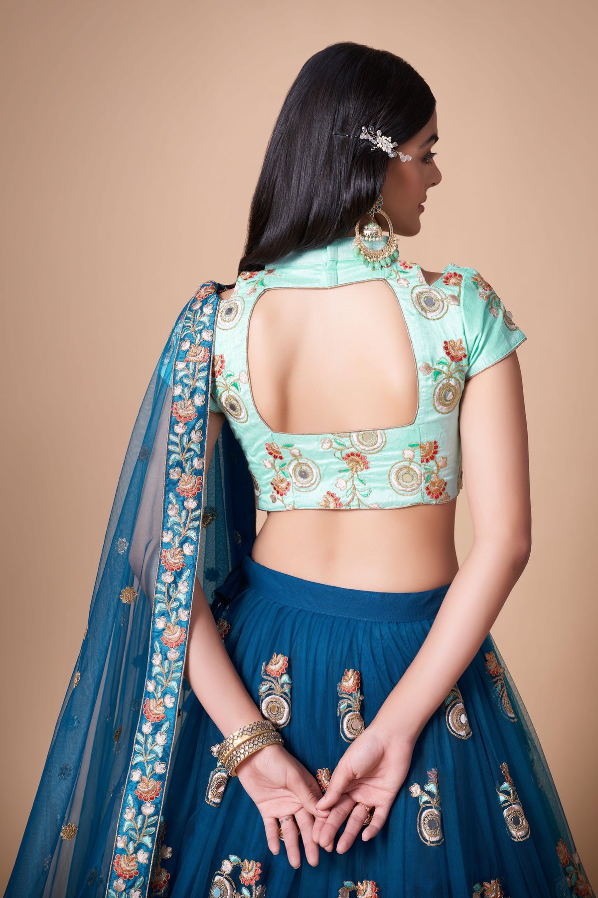 Dove Blue Soft Net Zari & Dori Embroidered Wedding Guest Lehenga Choli