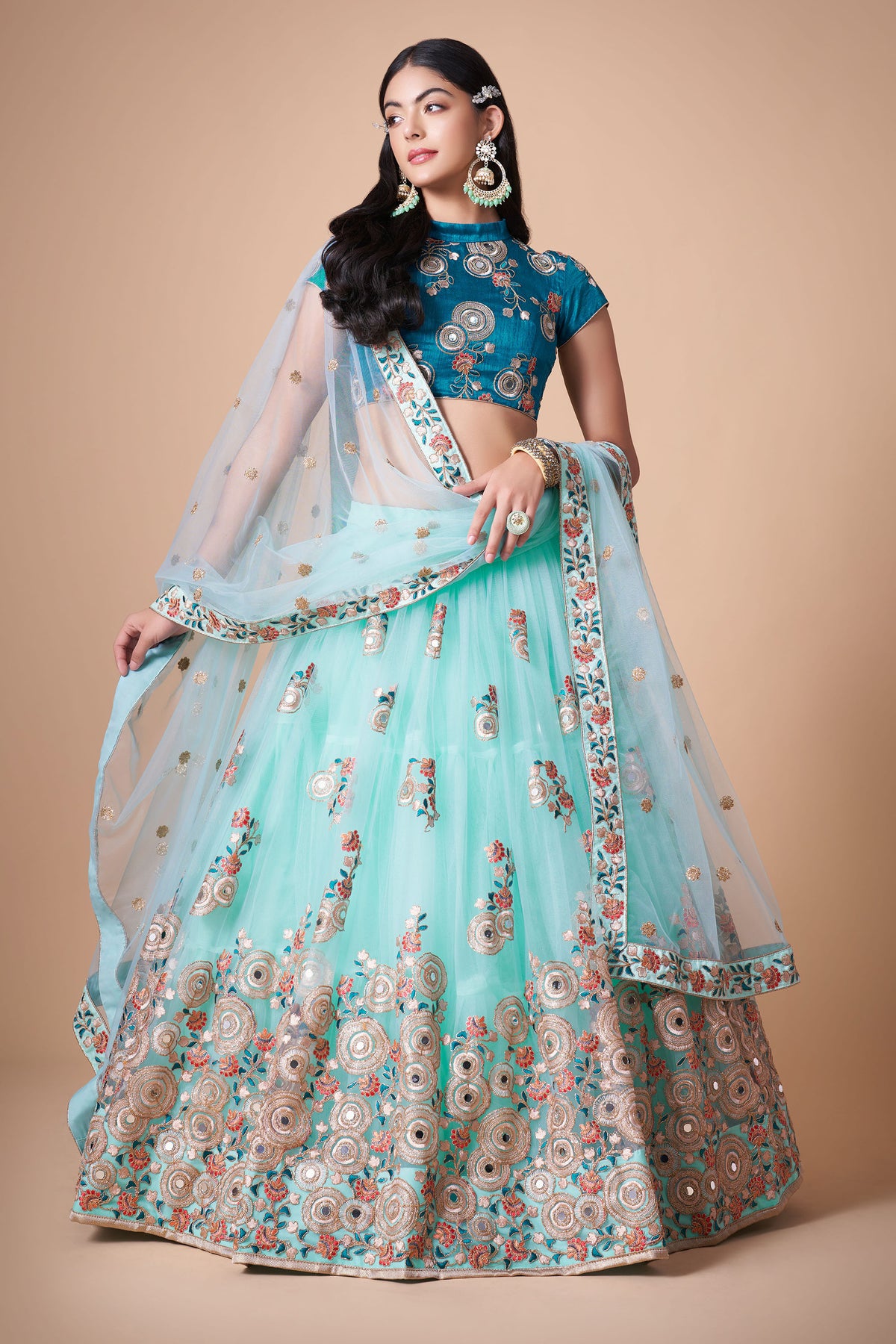 Sky Blue Soft Net Zari & Dori Embroidered Wedding Guest Lehenga Choli