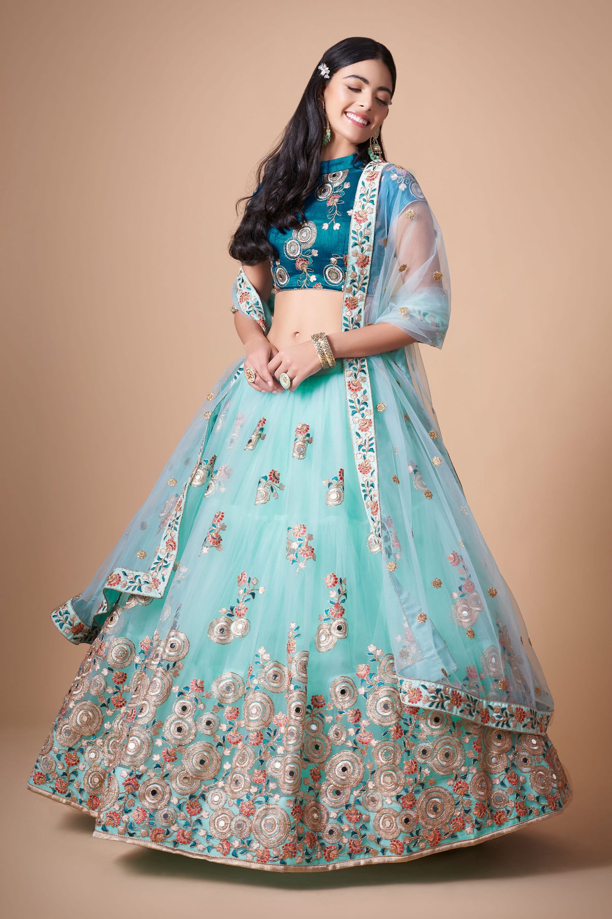 Sky Blue Soft Net Zari & Dori Embroidered Wedding Guest Lehenga Choli