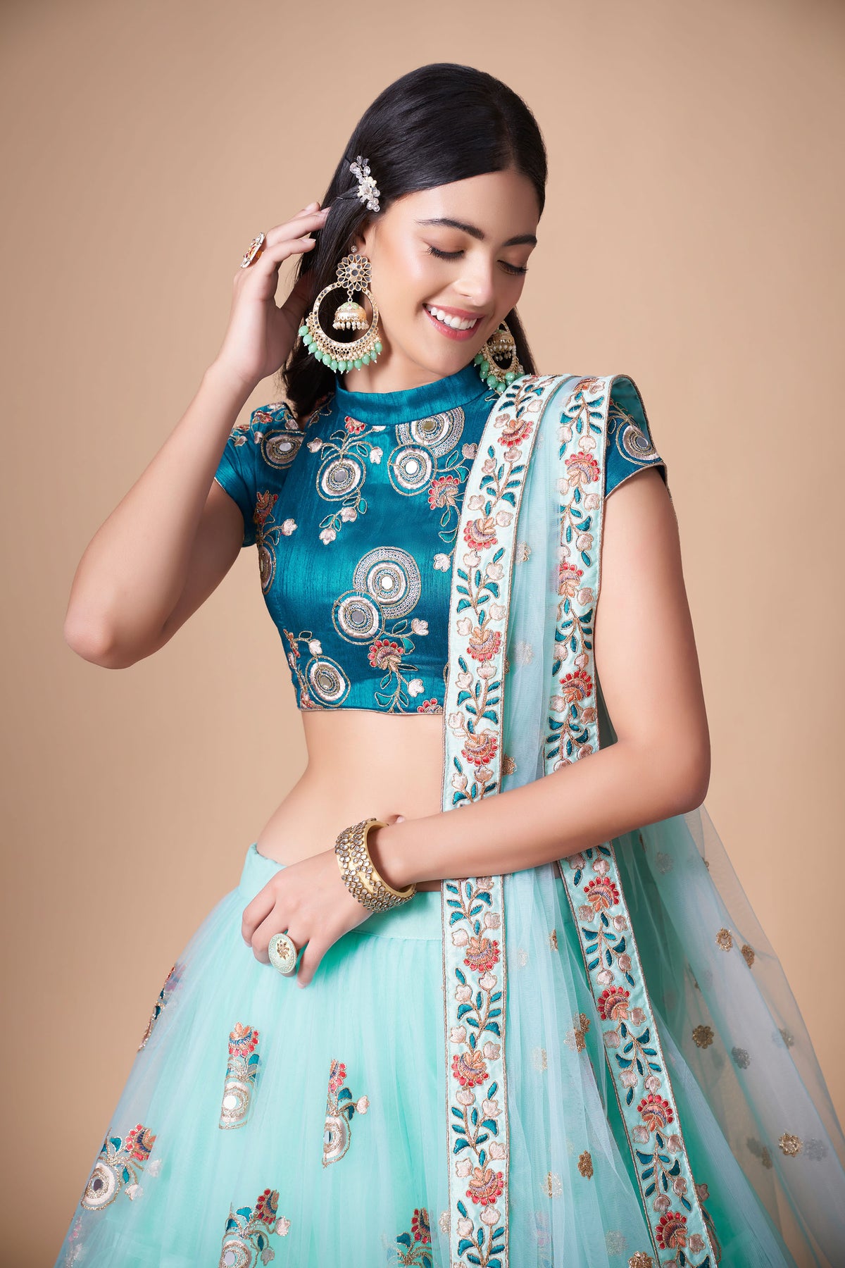 Sky Blue Soft Net Zari & Dori Embroidered Wedding Guest Lehenga Choli