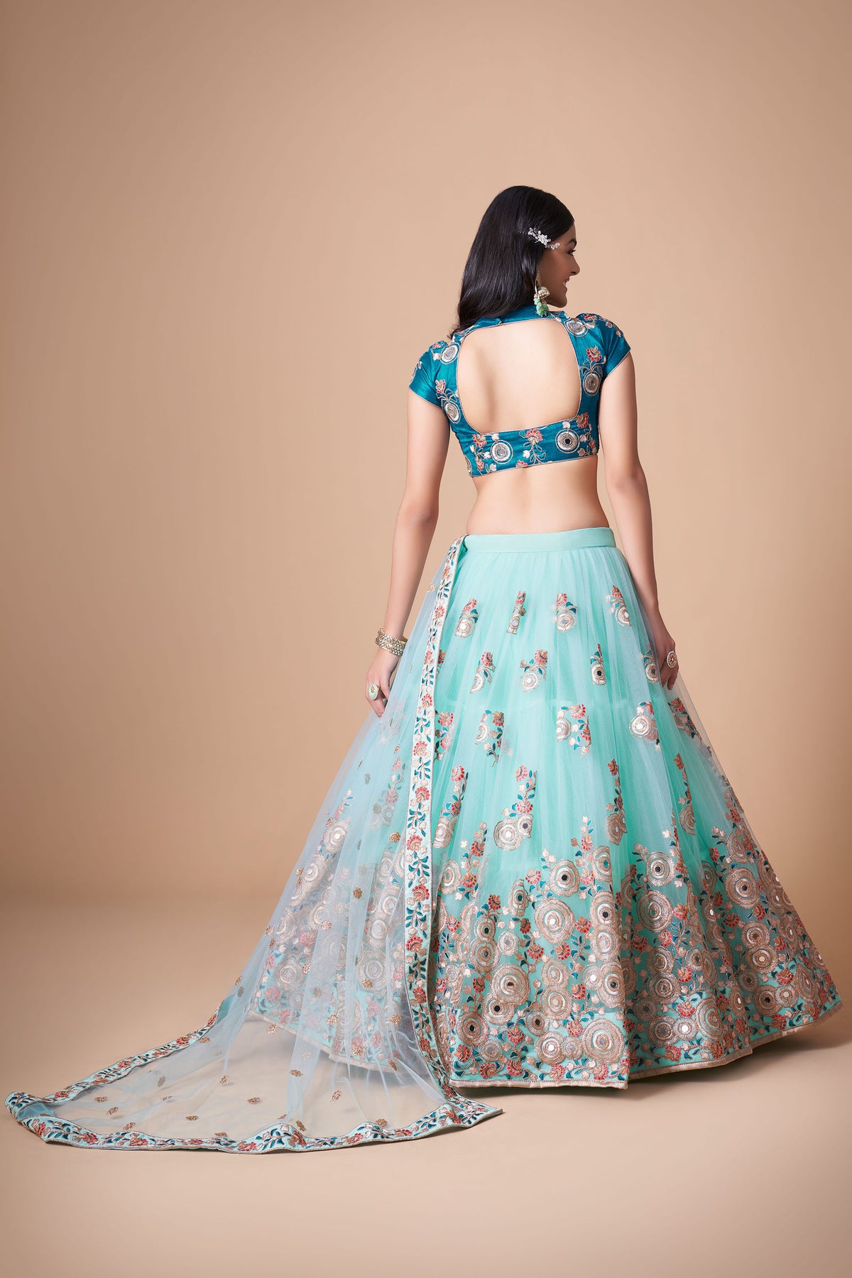 Sky Blue Soft Net Zari & Dori Embroidered Wedding Guest Lehenga Choli