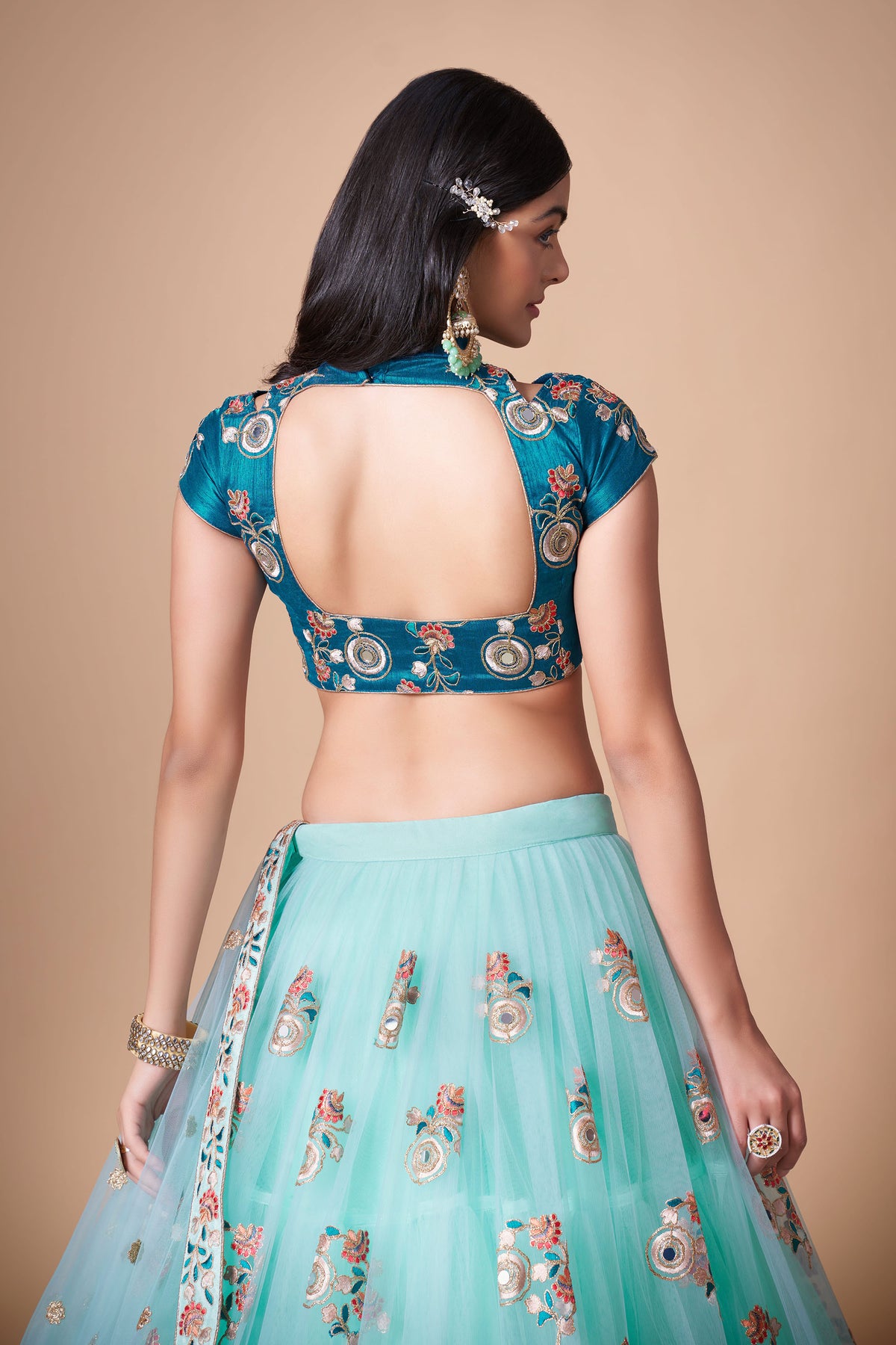 Sky Blue Soft Net Zari & Dori Embroidered Wedding Guest Lehenga Choli