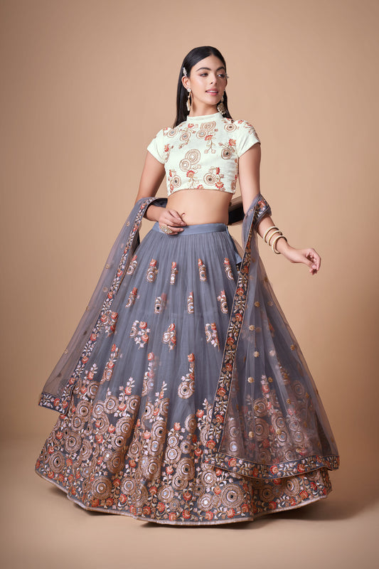 Grey Soft Net Zari & Dori Embroidered Festive Lehenga Choli