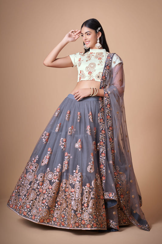 Grey Soft Net Zari & Dori Embroidered Festive Lehenga Choli