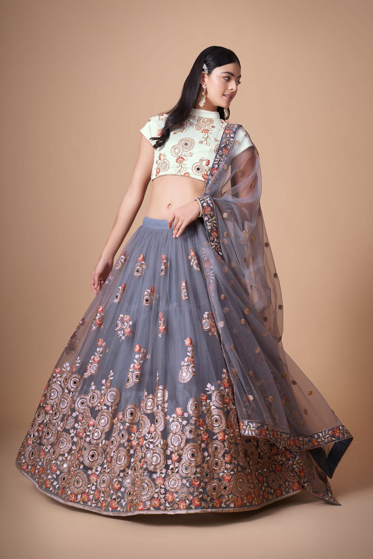 Grey Soft Net Zari & Dori Embroidered Festive Lehenga Choli