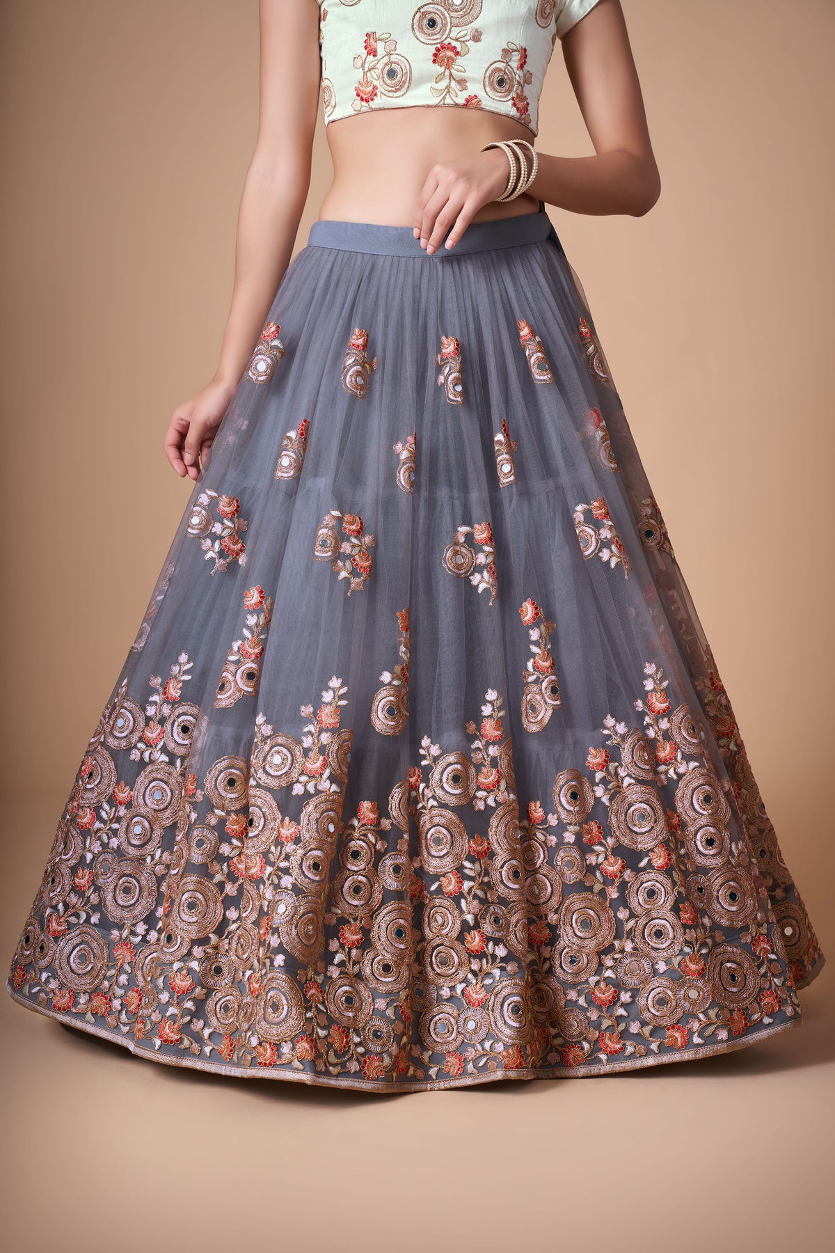 Grey Soft Net Zari & Dori Embroidered Festive Lehenga Choli