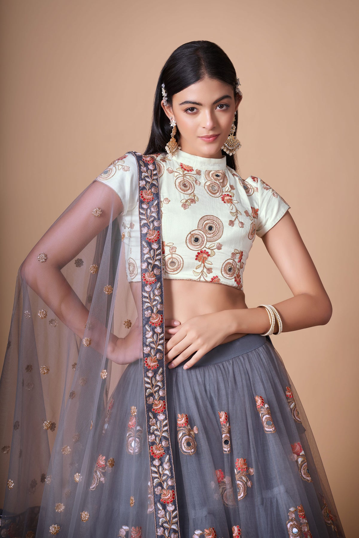 Grey Soft Net Zari & Dori Embroidered Festive Lehenga Choli