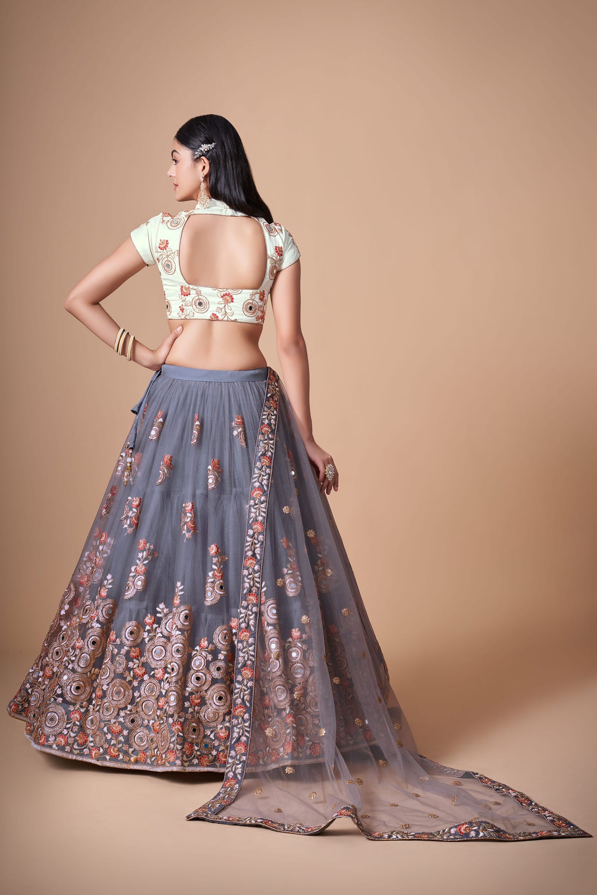 Grey Soft Net Zari & Dori Embroidered Festive Lehenga Choli