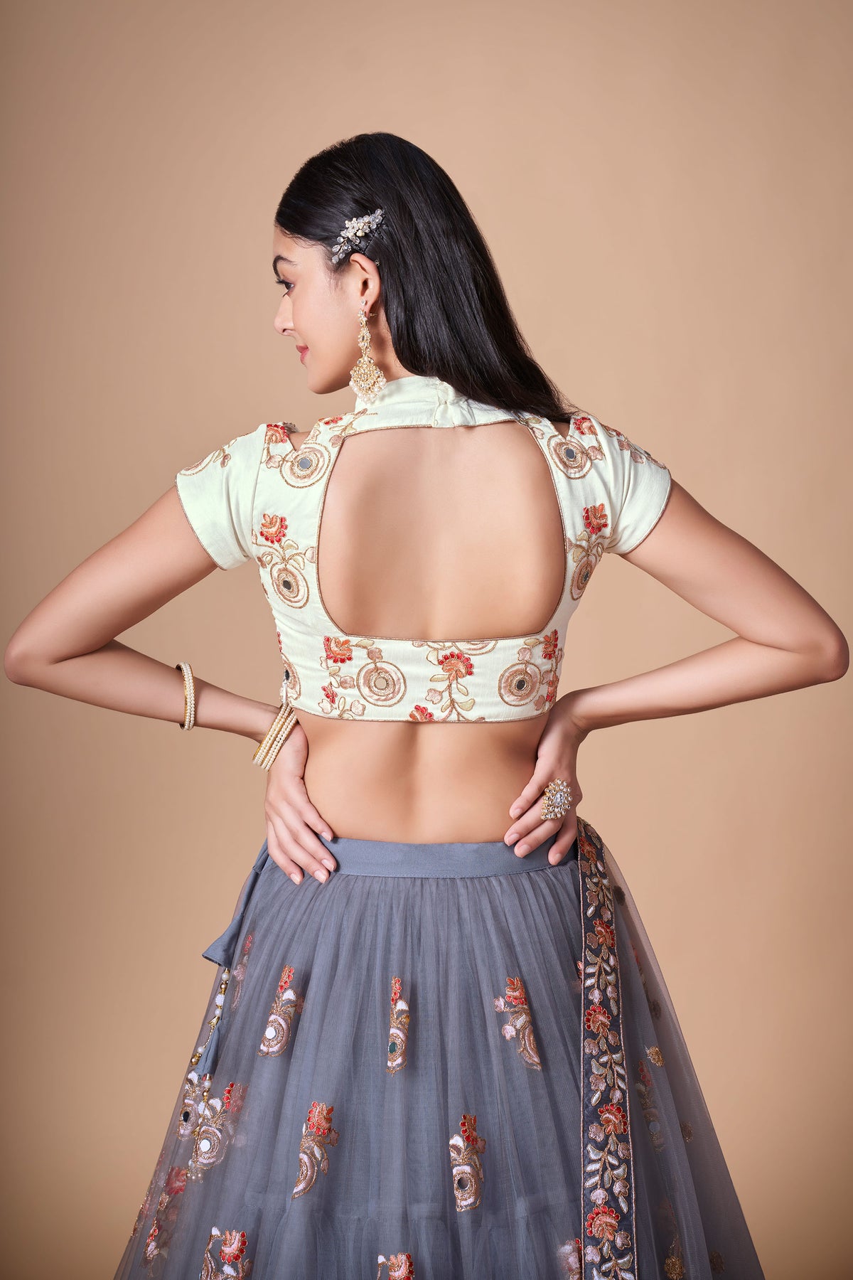 Grey Soft Net Zari & Dori Embroidered Festive Lehenga Choli