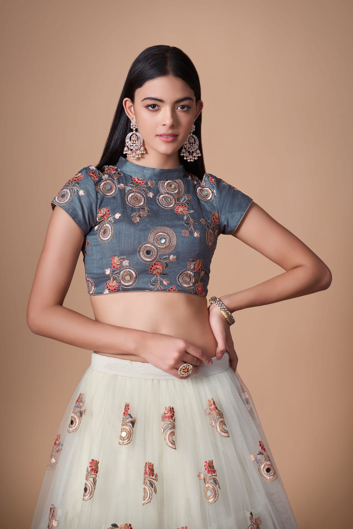 Off White Soft Net Zari & Dori Embroidered Festive Lehenga Choli
