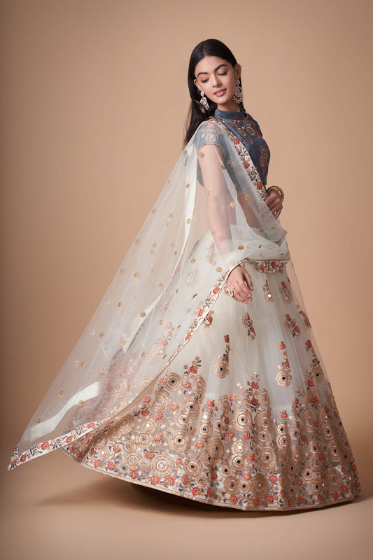 Off White Soft Net Zari & Dori Embroidered Festive Lehenga Choli