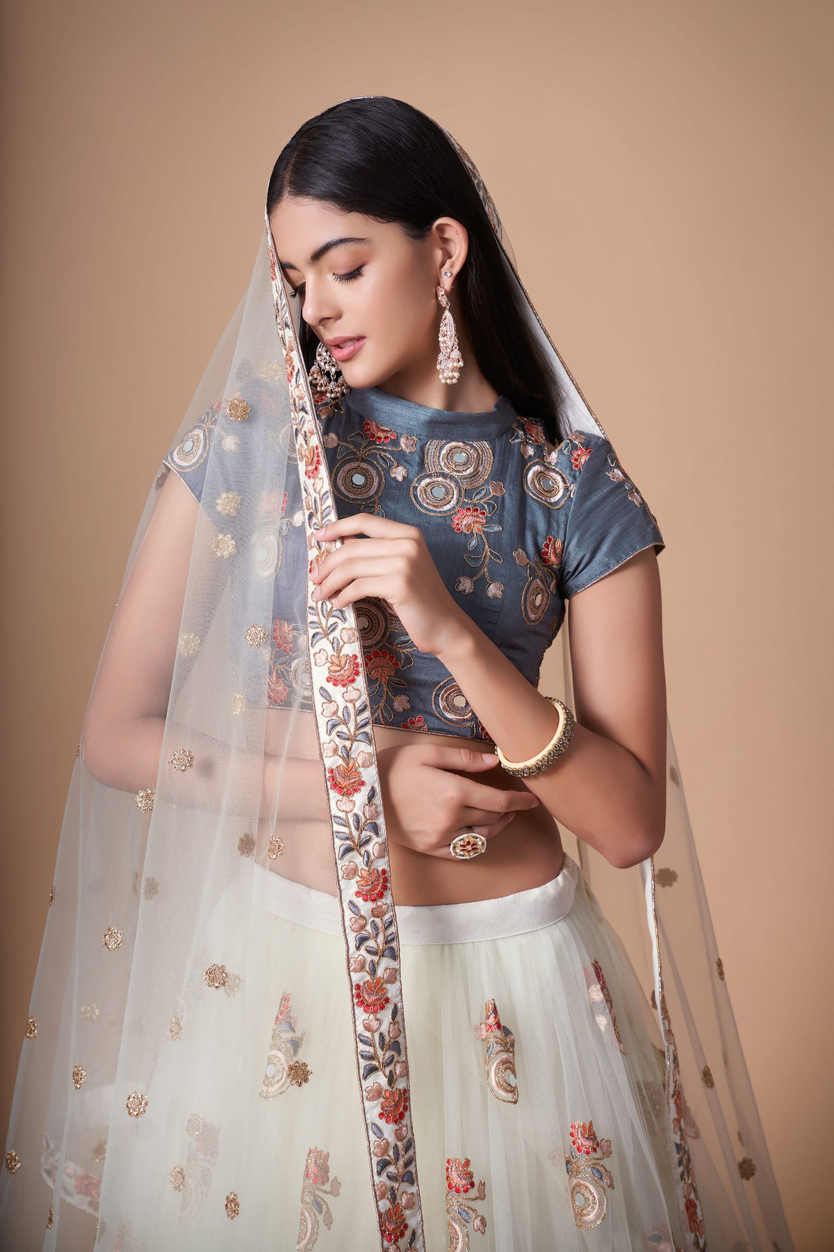 Off White Soft Net Zari & Dori Embroidered Festive Lehenga Choli